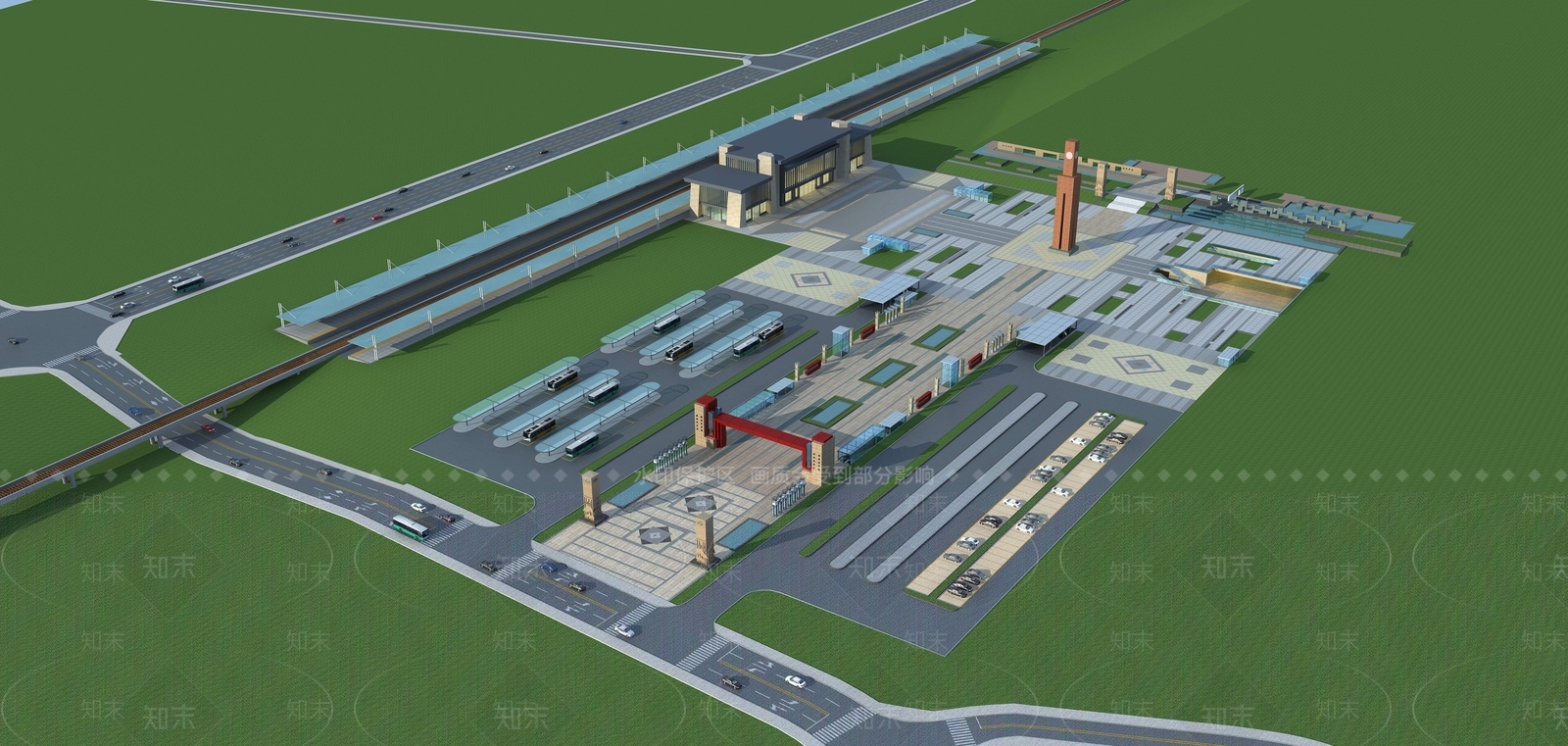 新中式火车站广场鸟瞰3D模型下载【ID:889758434】