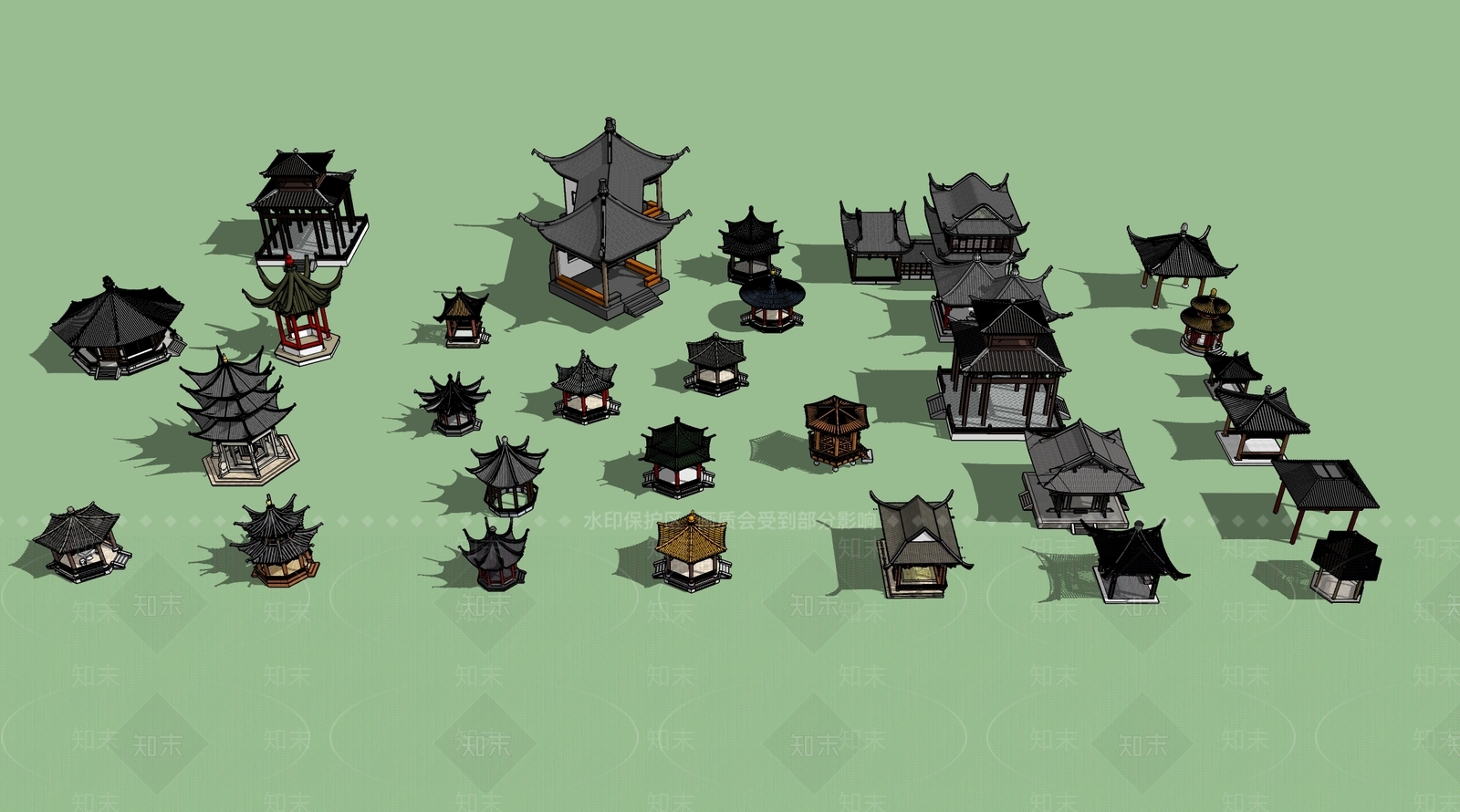 中式古典亭子SU模型下载【ID:489978868】