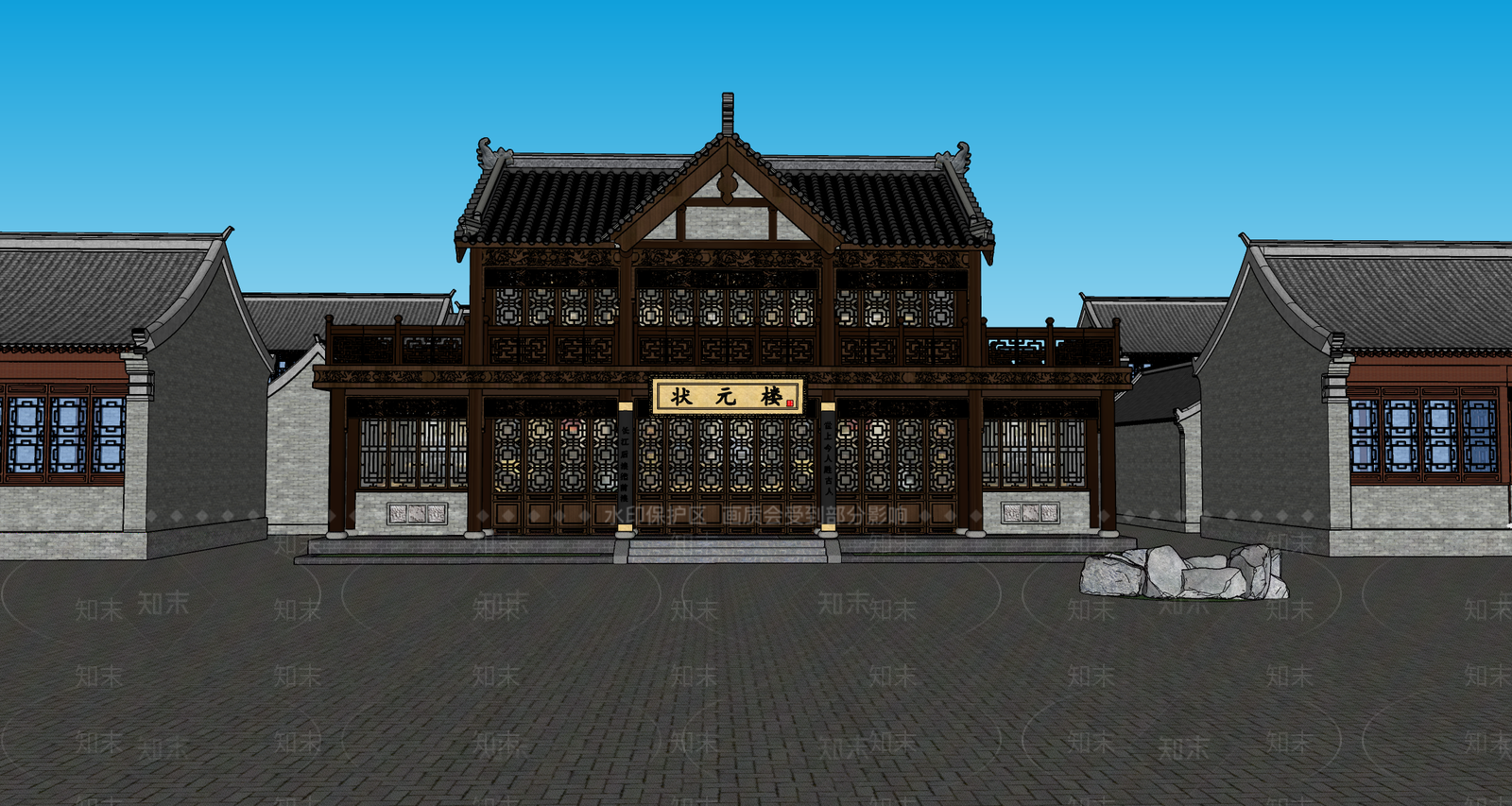 中式酒店民宿外观SU模型下载【ID:390051589】