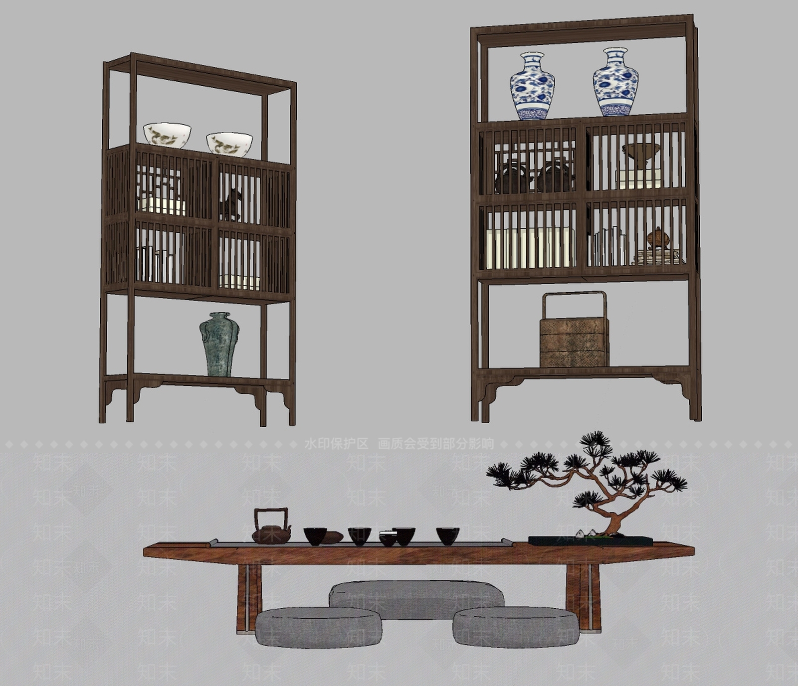 新中式展柜茶几组合SU模型下载【ID:190082876】