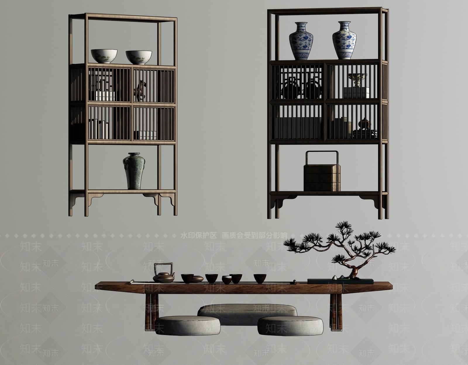新中式展柜茶几组合SU模型下载【ID:190082876】