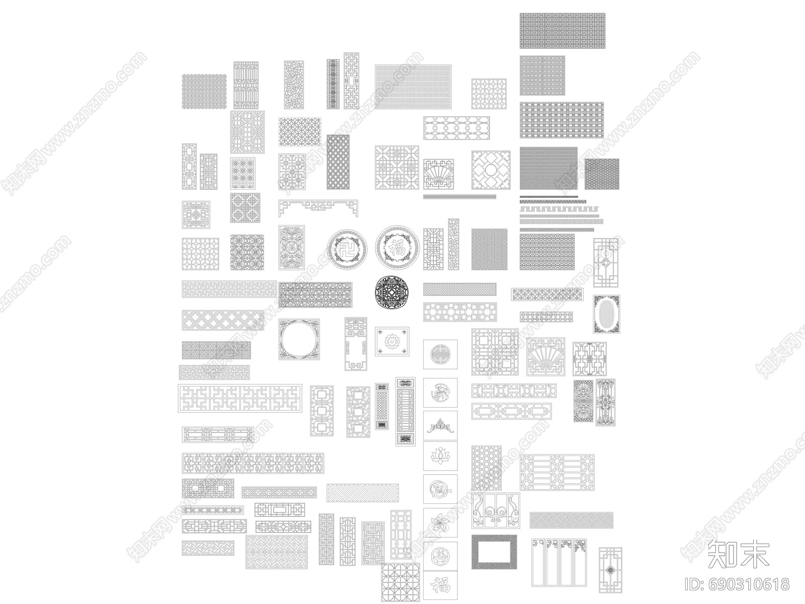 中式镂空雕花施工图下载【ID:690310618】