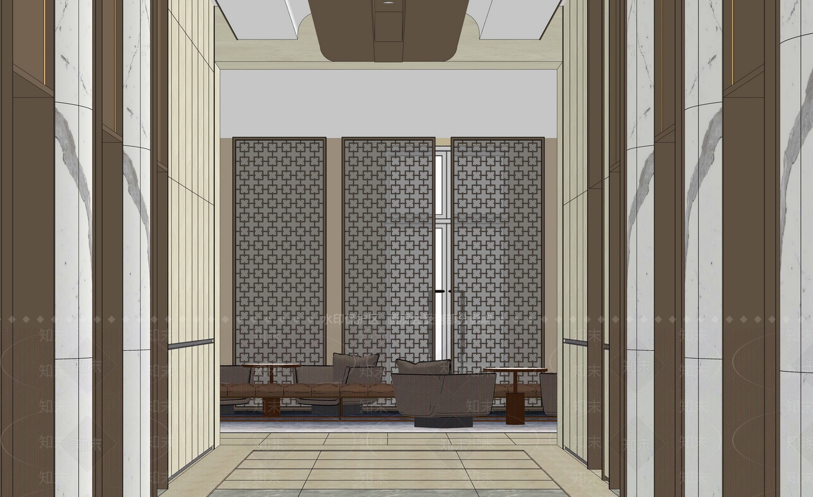 新中式办公电梯厅SU模型下载【ID:190486175】