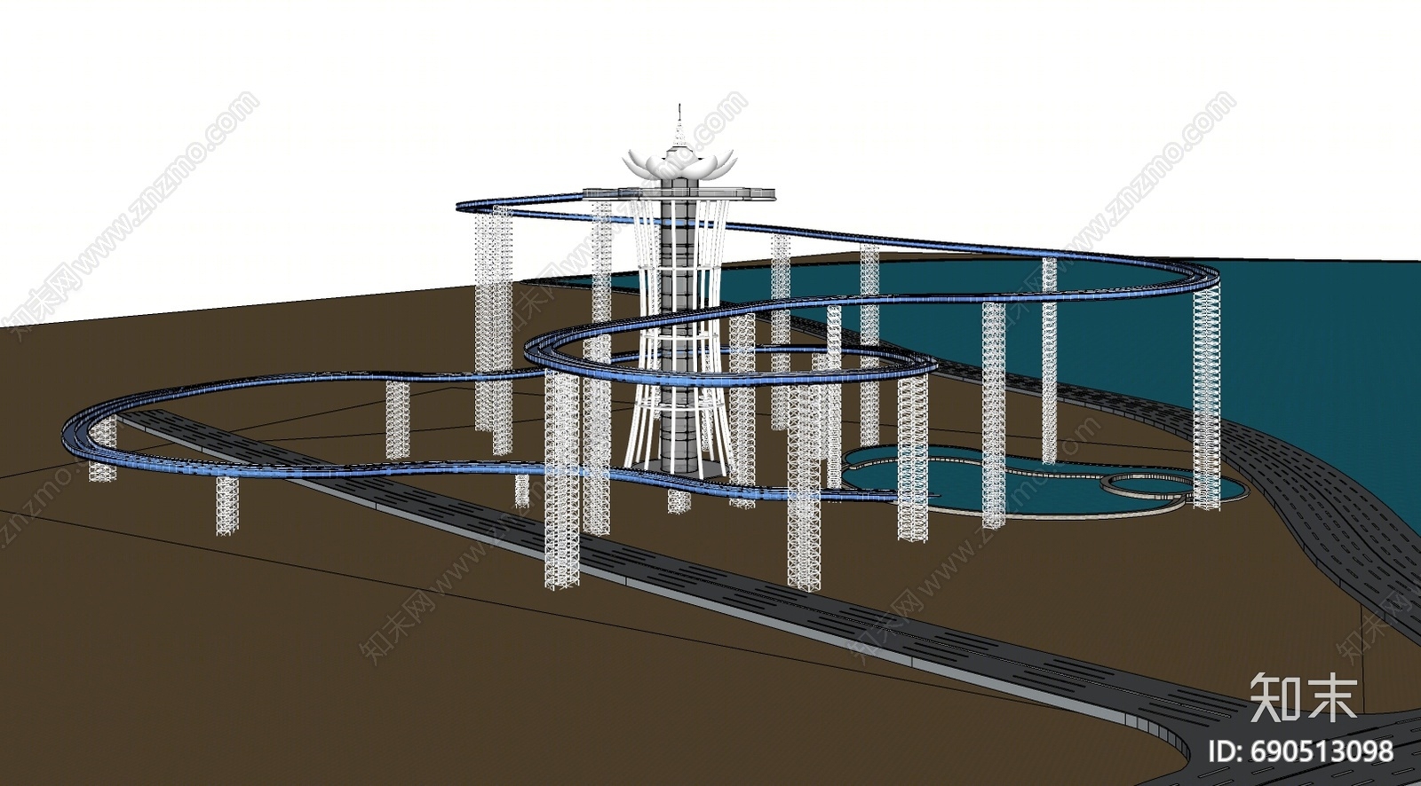 现代滨水景观SU模型下载【ID:690513098】