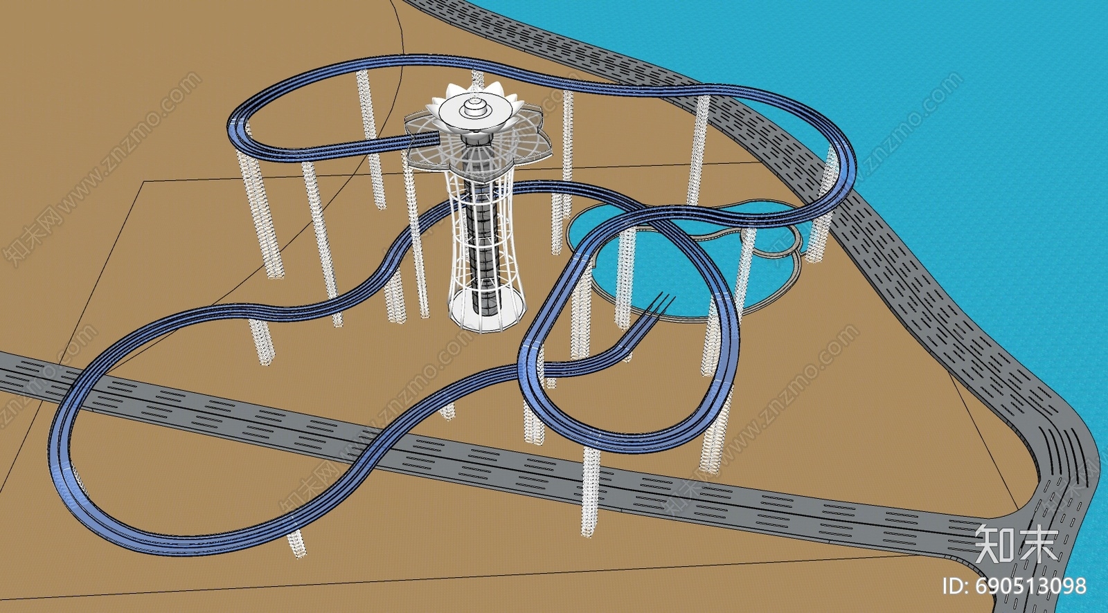 现代滨水景观SU模型下载【ID:690513098】