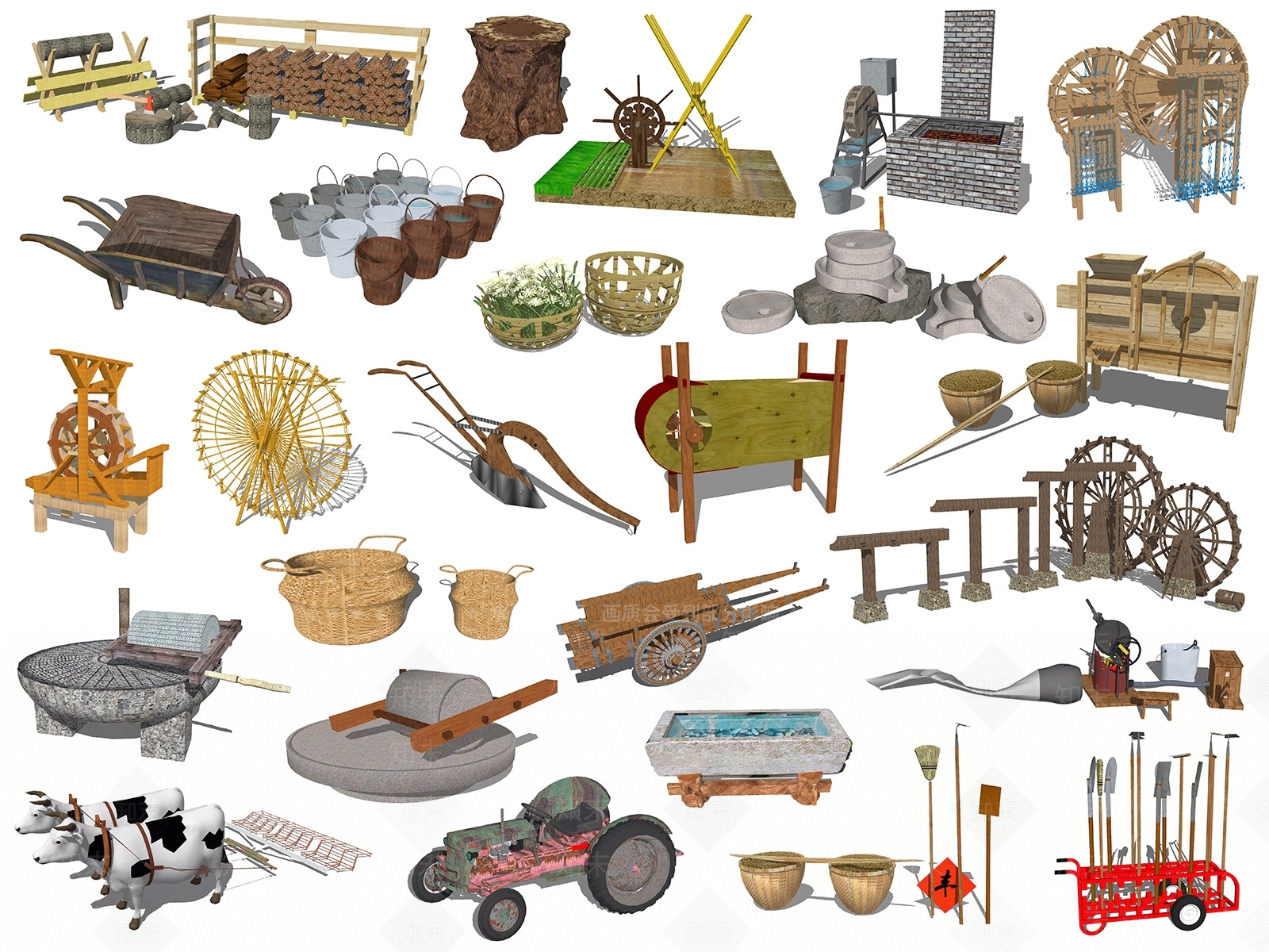 中式农家乐农具SU模型下载【ID:390619393】