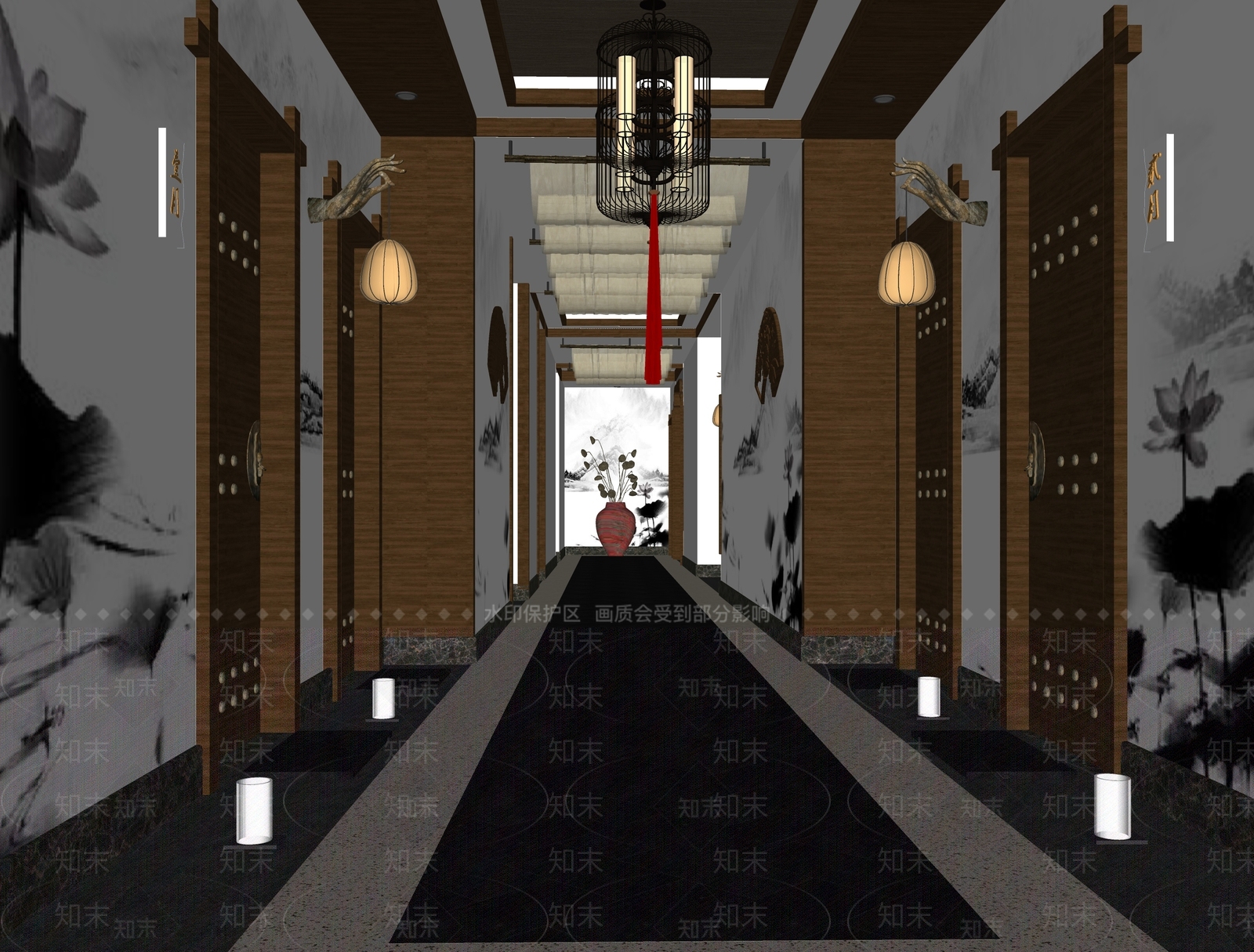 新中式酒店过道SU模型下载【ID:990918439】