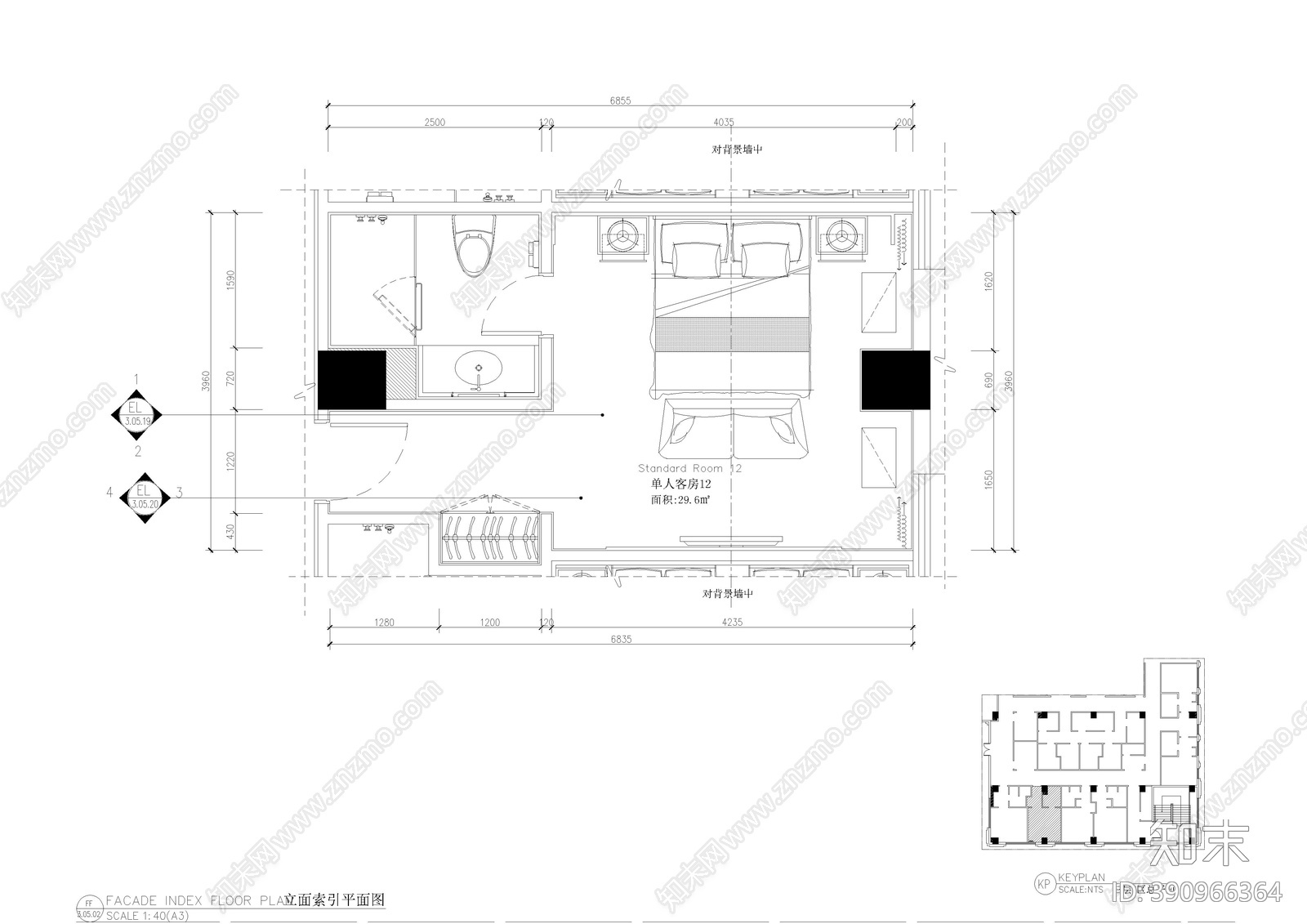 中式风格酒店客房cad施工图下载【ID:390966364】