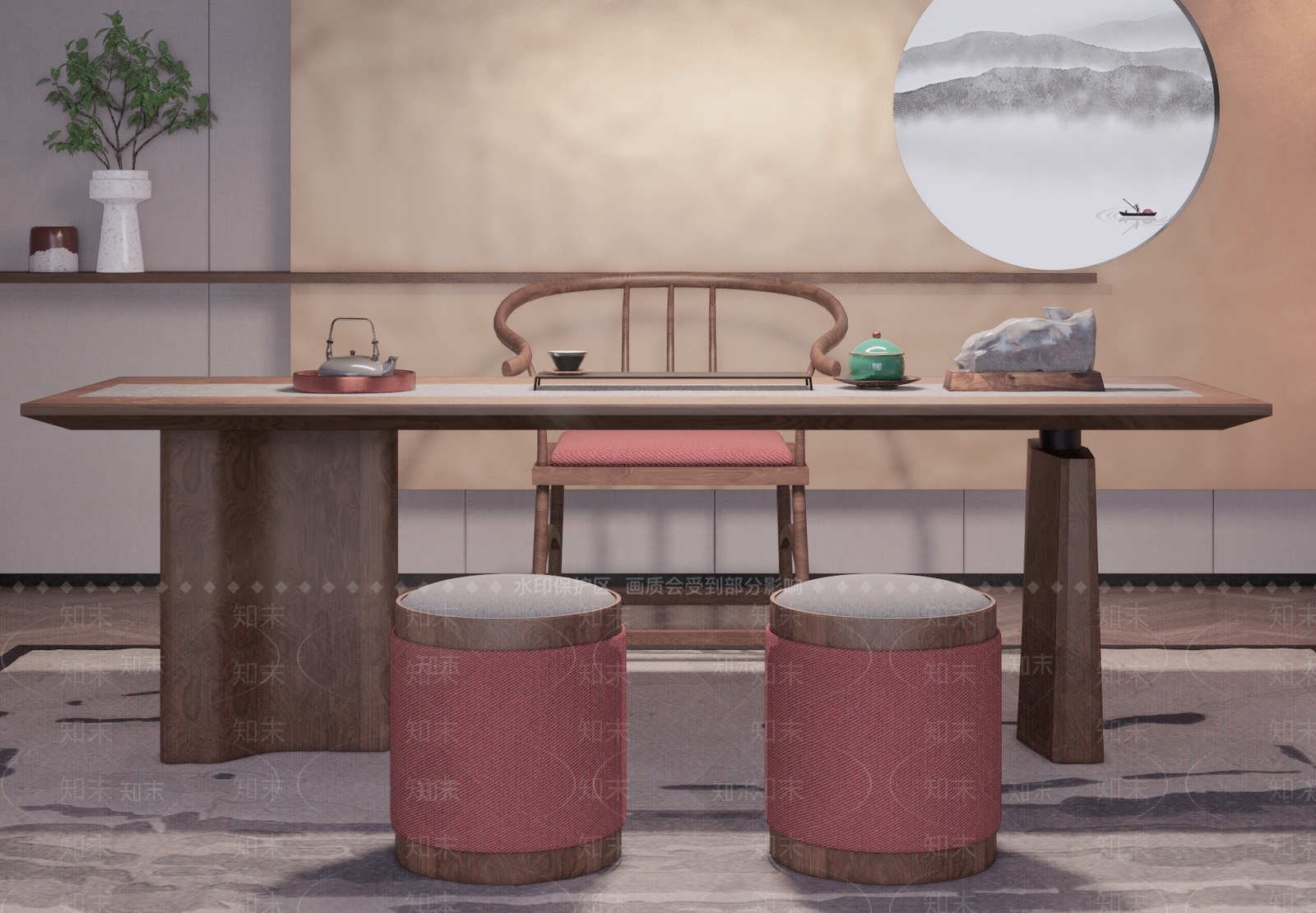 新中式茶室SU模型下载【ID:990989378】