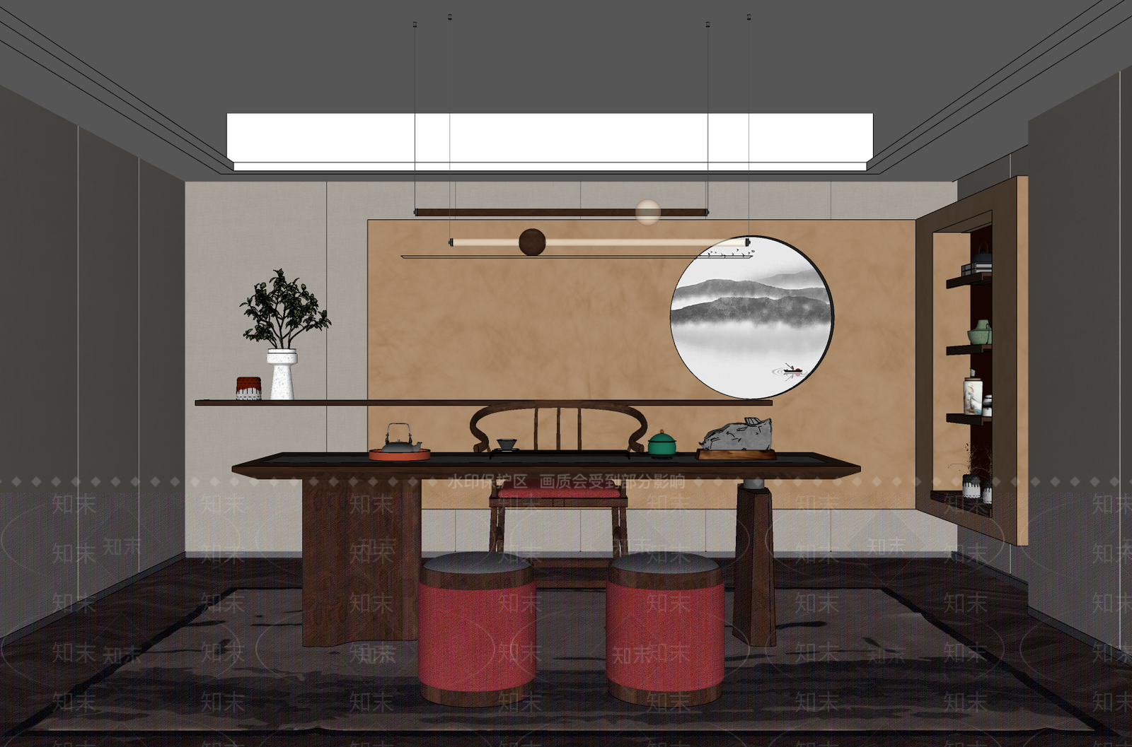 新中式茶室SU模型下载【ID:990989378】