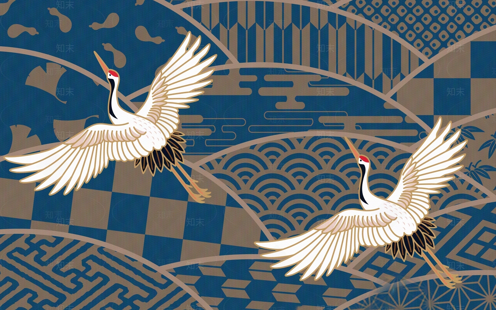 新中式白鹤祥云壁纸贴图下载【ID:591078177】