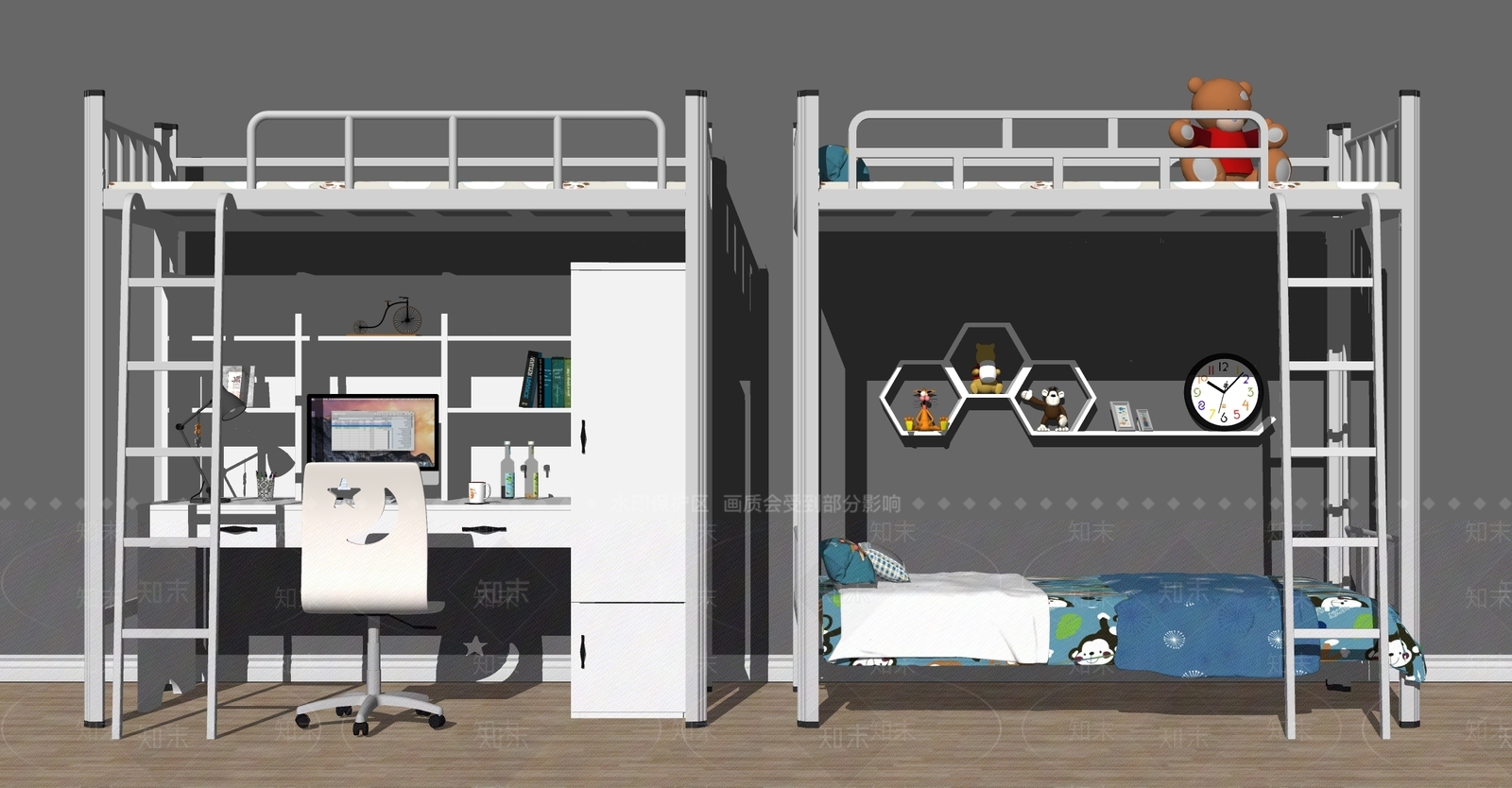 现代儿童双层床SU模型下载【ID:591114466】