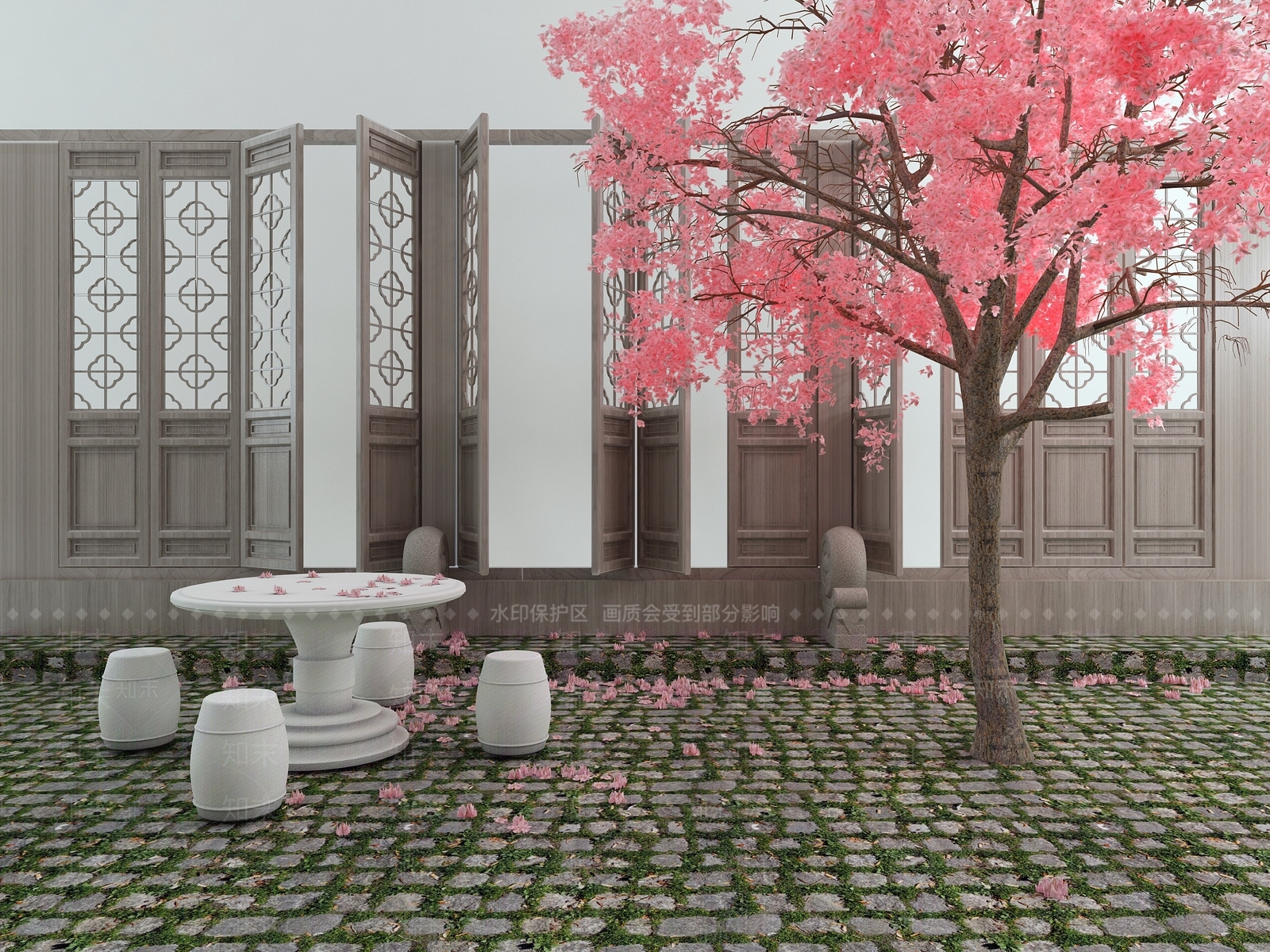 新中式石桌石凳组合3D模型下载【ID:391337680】