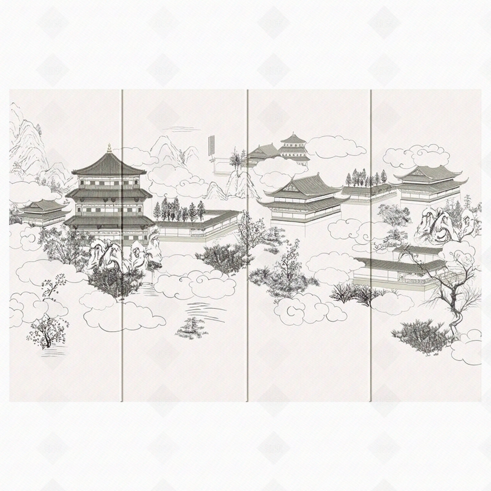 新中式水墨山水壁画贴图下载【ID:1195315079】