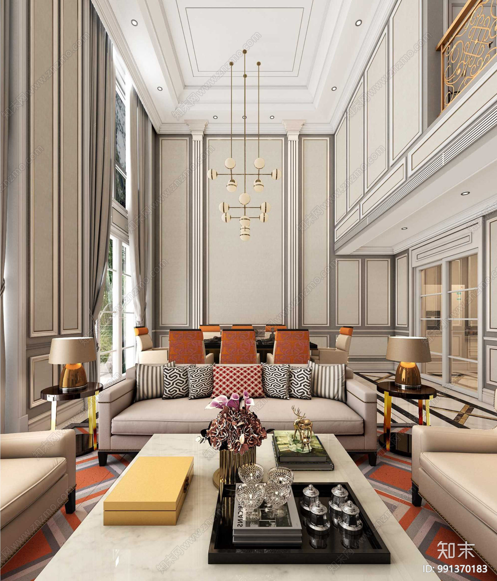 简欧别墅样板间施工图下载【ID:991370183】