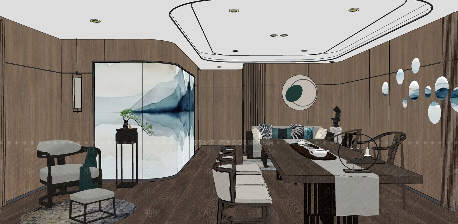 新中式茶室SU模型下载【ID:991376397】
