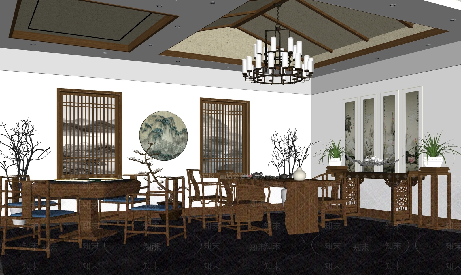 新中式休闲茶室SU模型下载【ID:491402938】