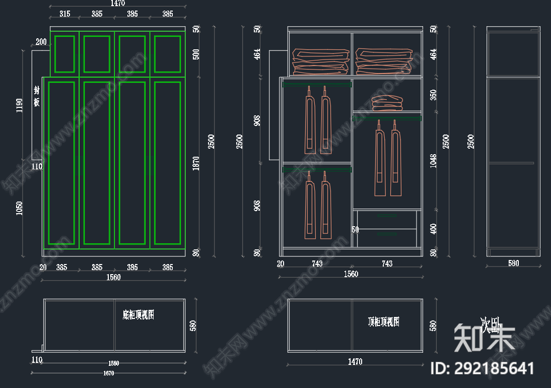 简欧衣柜cad施工图下载【ID:292185641】