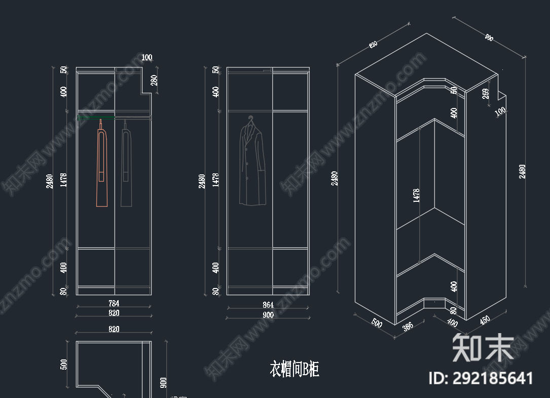 简欧衣柜cad施工图下载【ID:292185641】