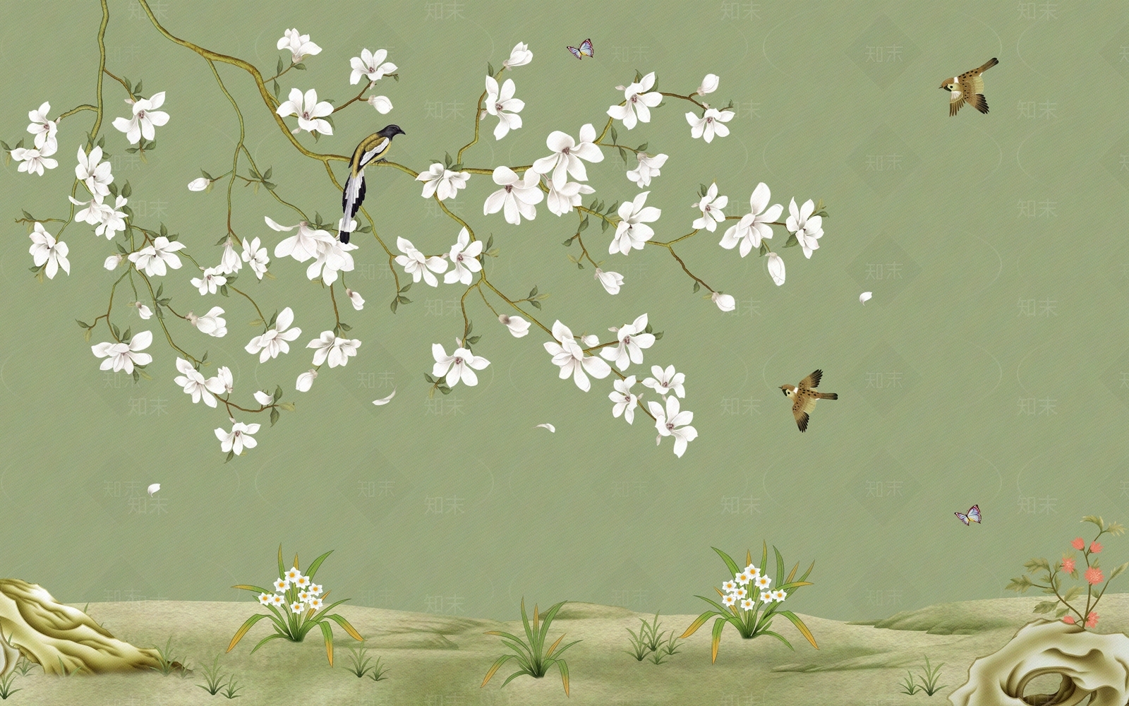 中式素雅花鸟壁纸贴图下载【ID:391534954】
