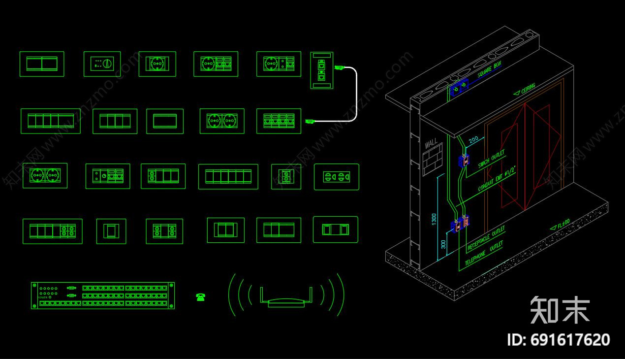 开关插座cad施工图下载【ID:691617620】