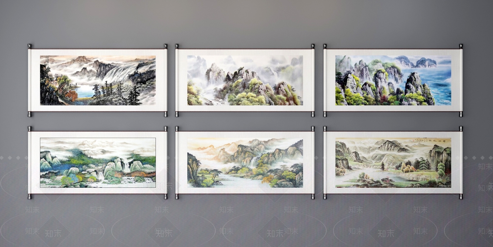 新中式横幅山水国画3D模型下载【ID:191935728】