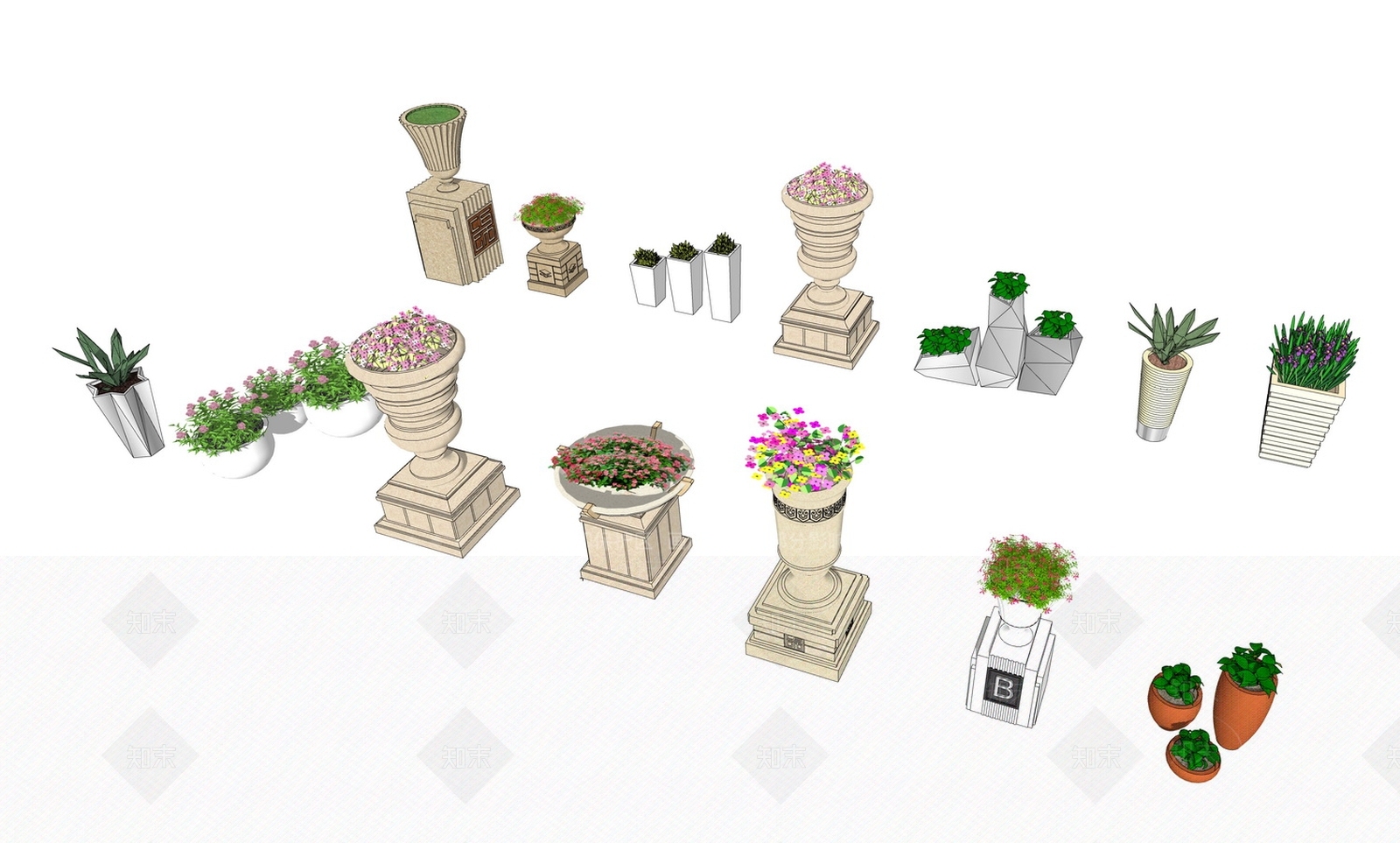 简欧花坛花钵组合SU模型下载【ID:991999701】