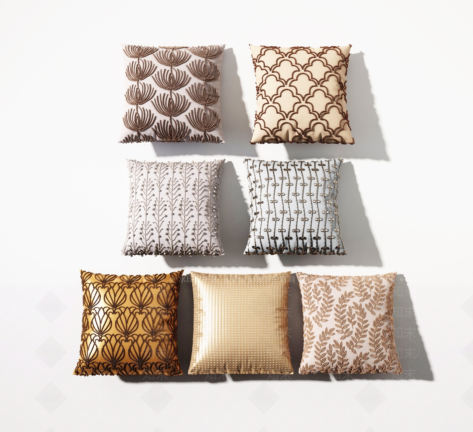 现代布艺刺绣抱枕3D模型下载【ID:792362621】