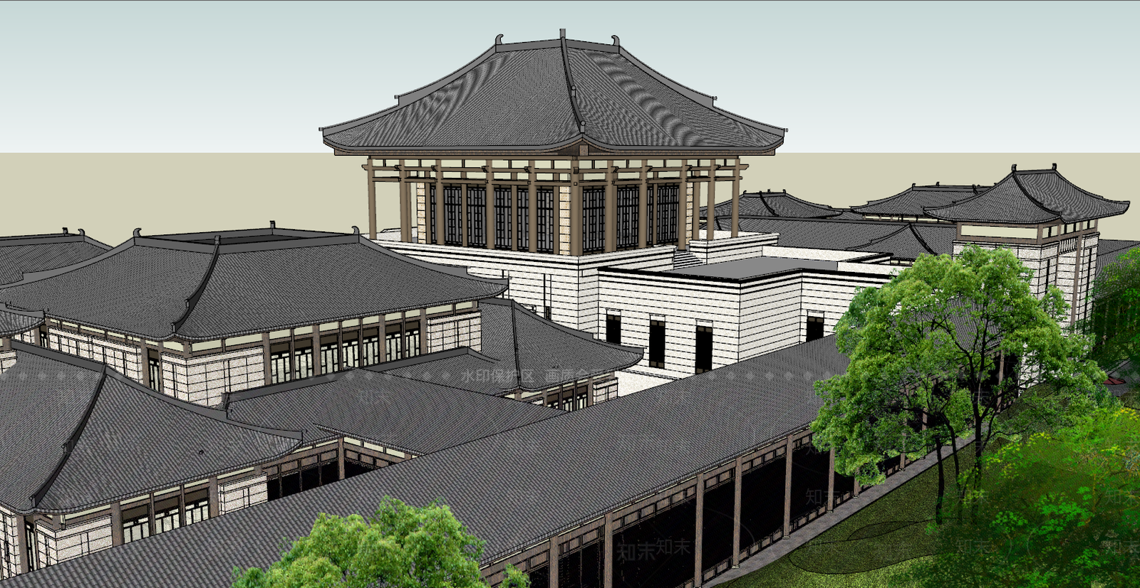 中式文化场馆SU模型下载【ID:592589138】