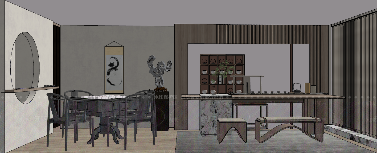 新中式茶室SU模型下载【ID:992724383】