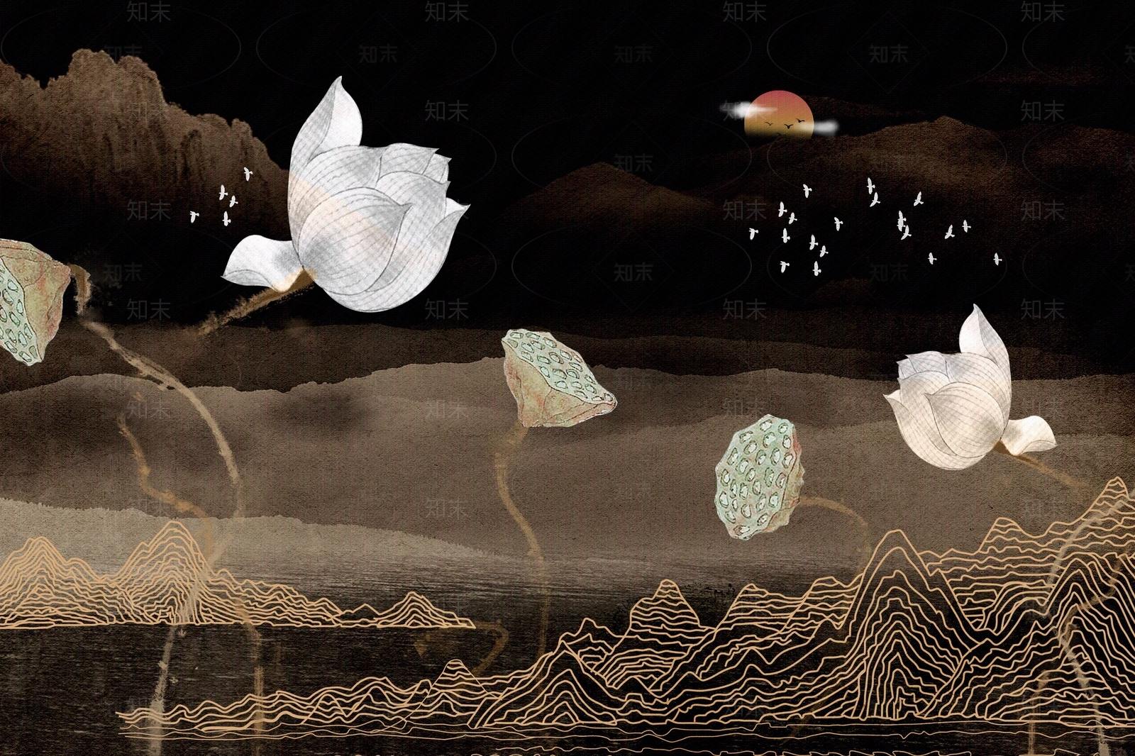 禅意荷花电视背景墙壁纸贴图下载【ID:592732114】