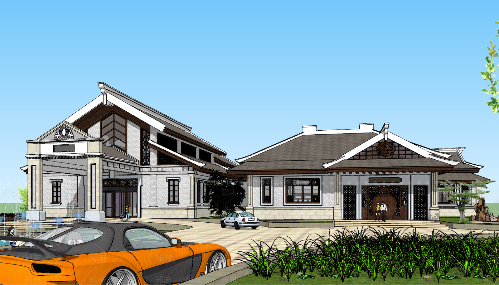 中式文化场馆SU模型下载【ID:592913147】