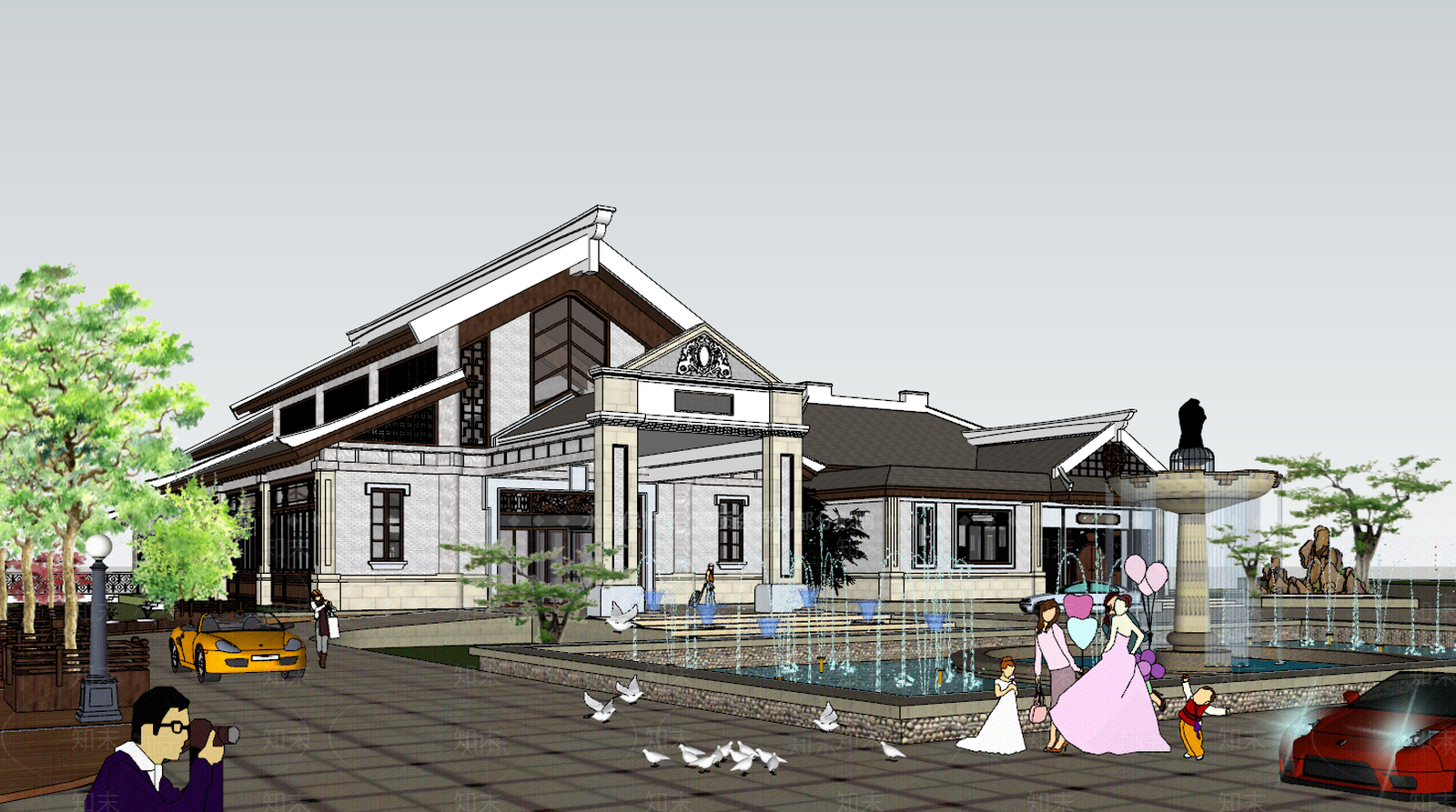 中式文化场馆SU模型下载【ID:592913147】