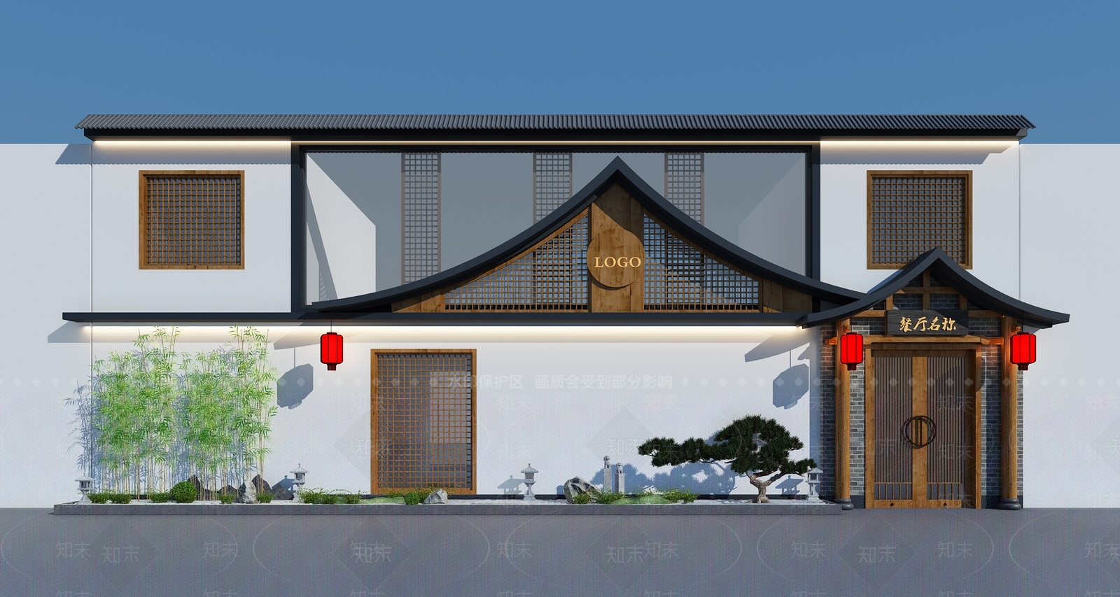 新中式餐厅门头3D模型下载【ID:392943555】