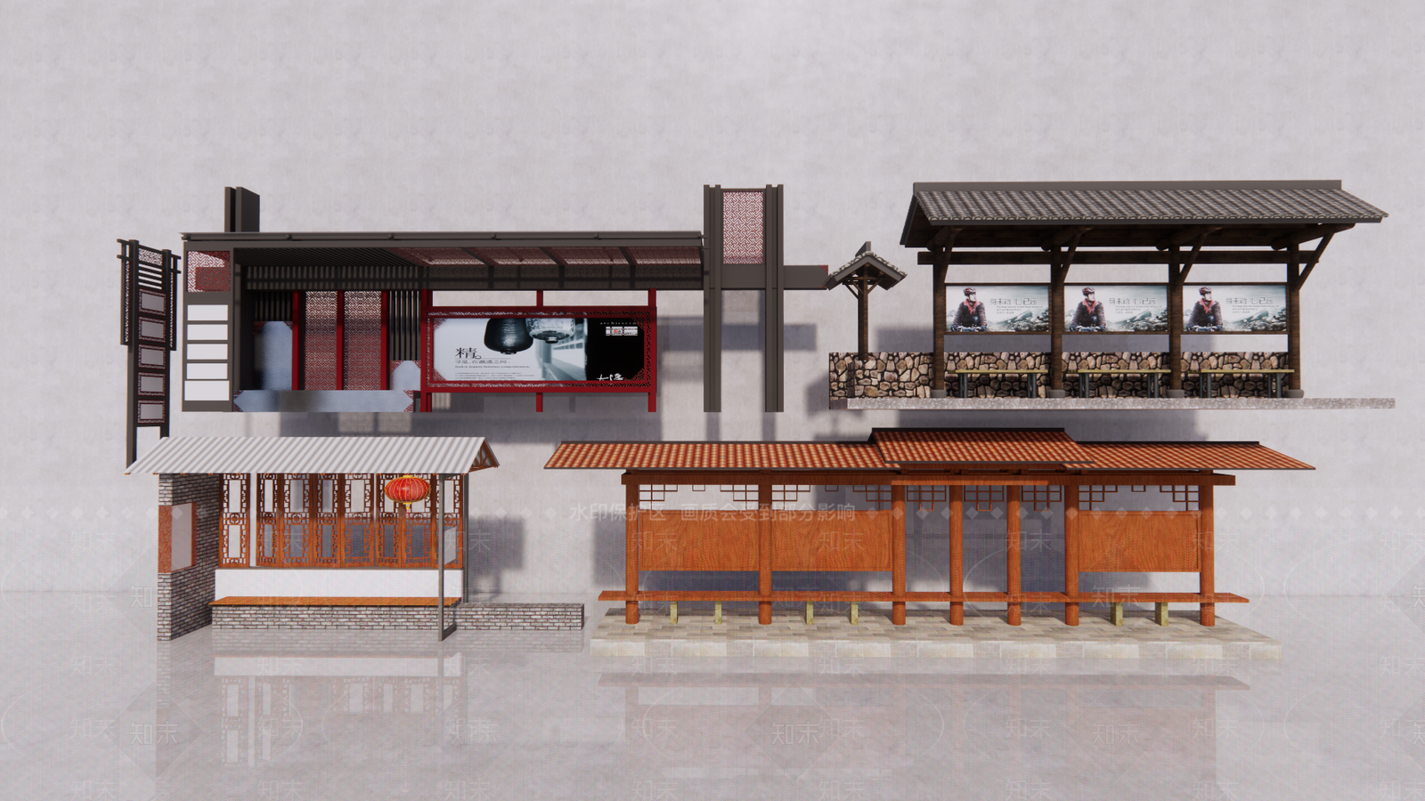 新中式公交站台组合SU模型下载【ID:193065949】