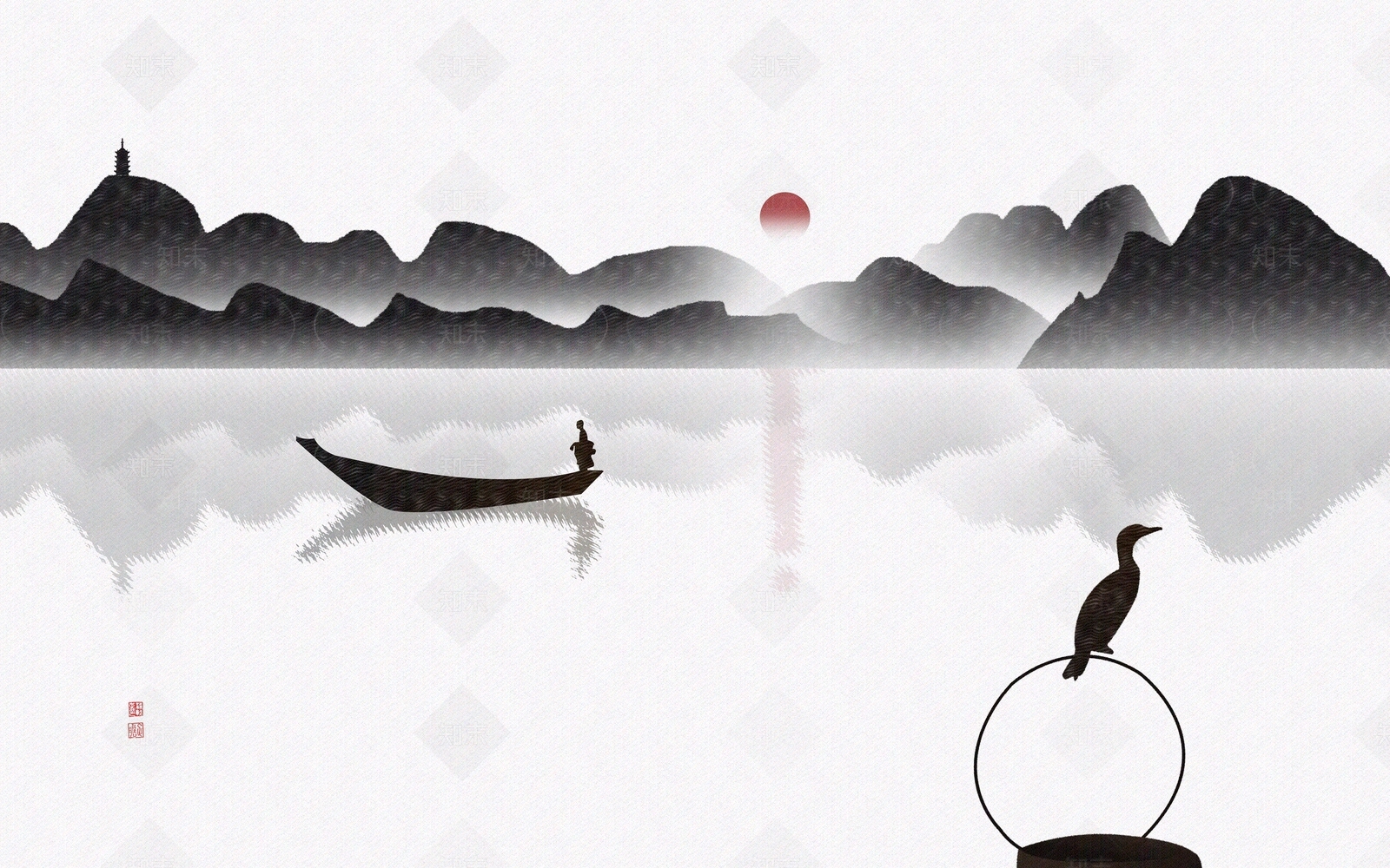 中国风意境山夕阳垂钓人背景墙贴图下载