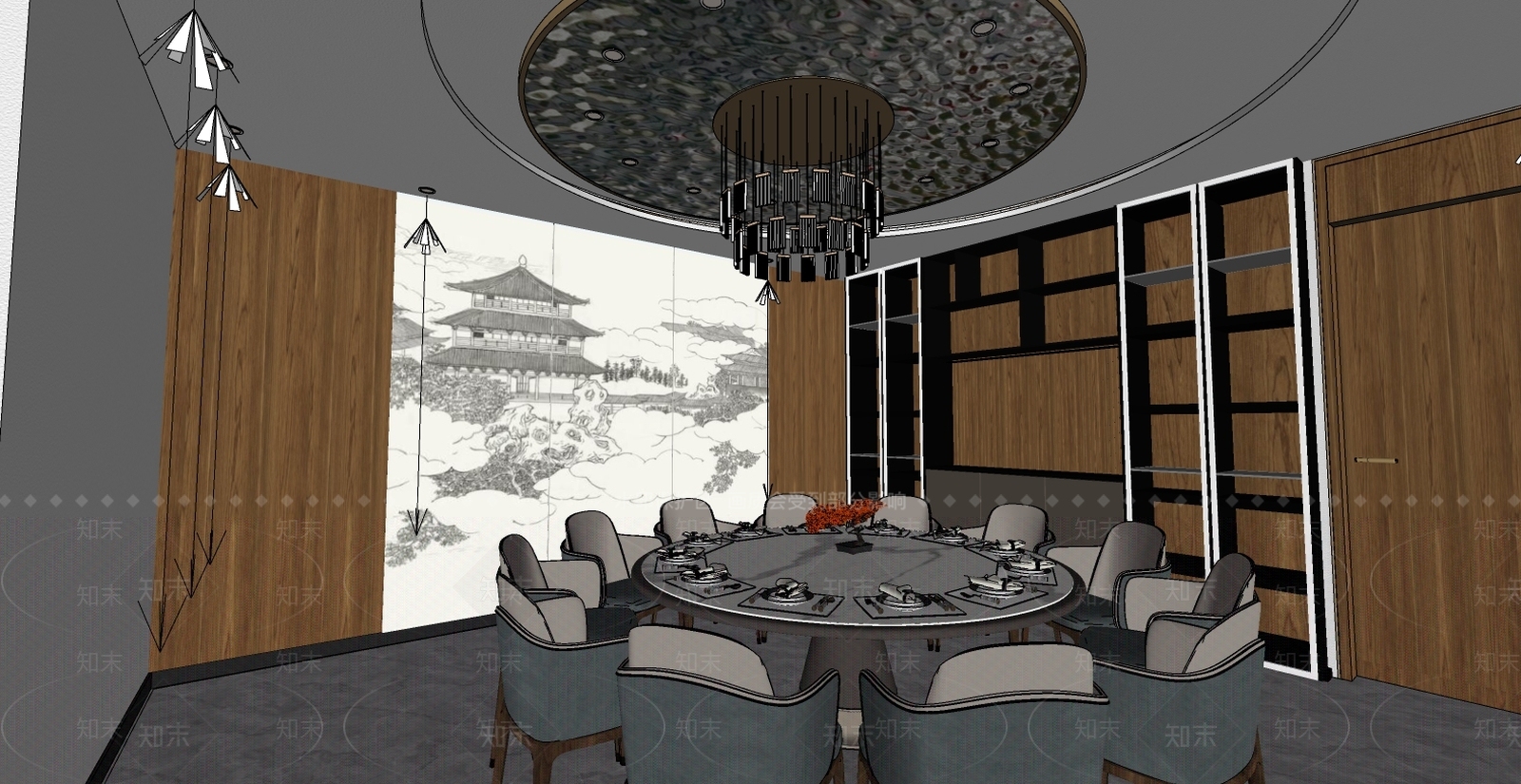 新中式茶室SU模型下载【ID:993306372】