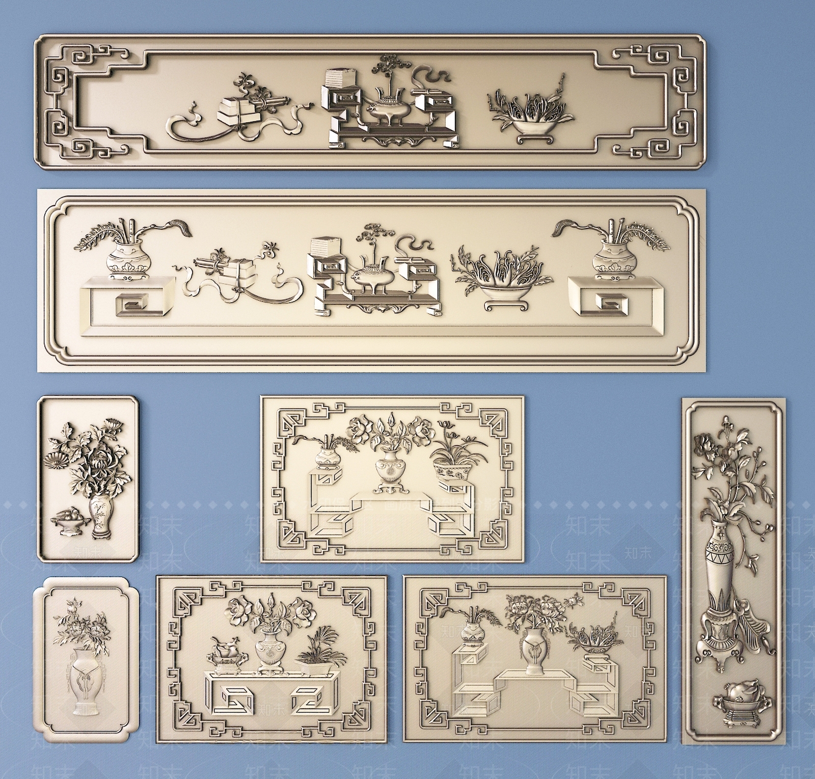 中式浮雕墙饰3D模型下载【ID:893343665】