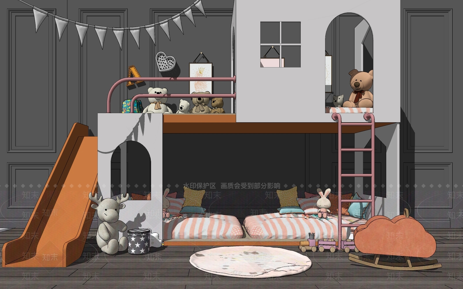 现代儿童双层床SU模型下载【ID:593353406】