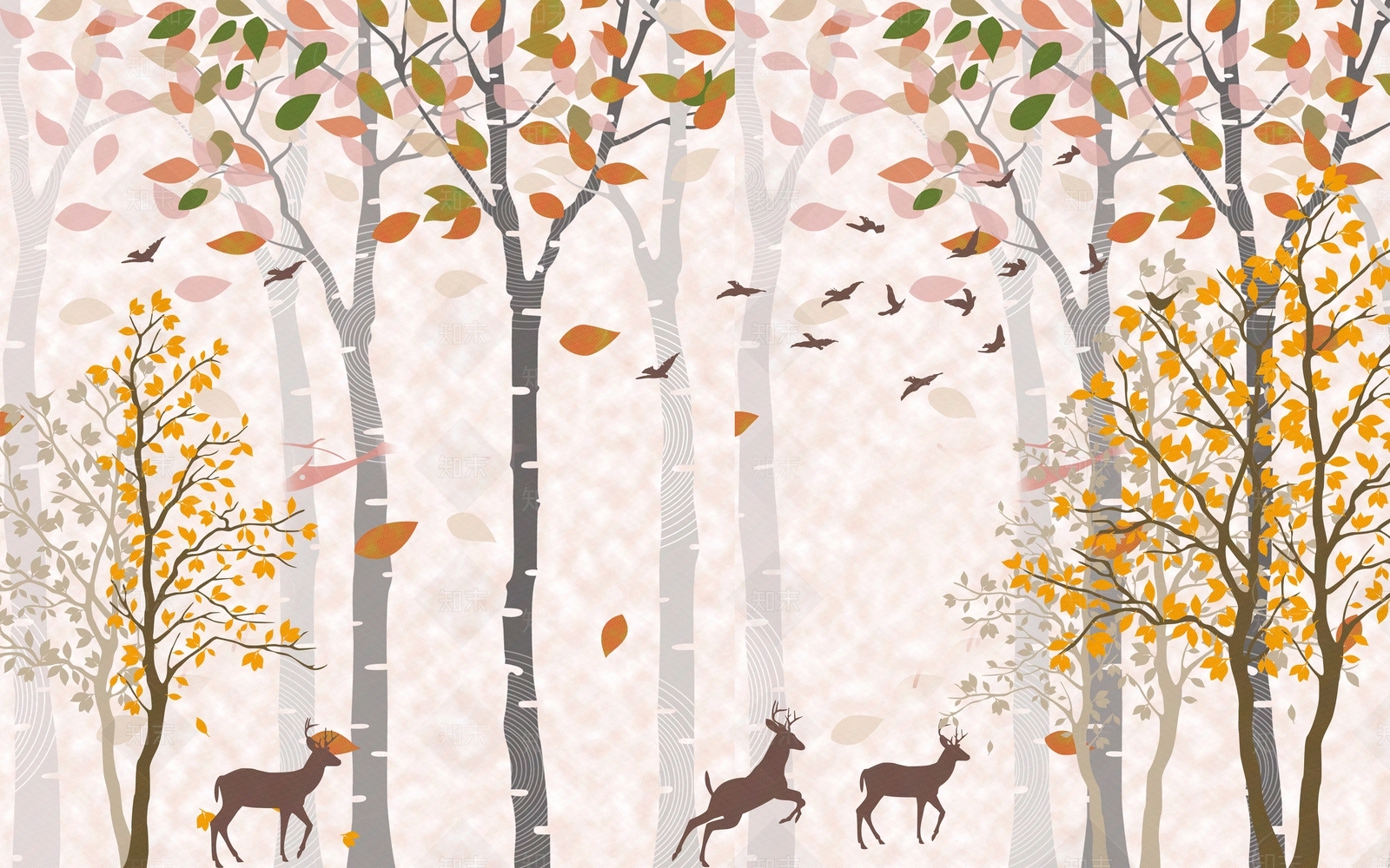 梦幻大树森林小鹿电视背景墙贴图下载【ID:493436291】