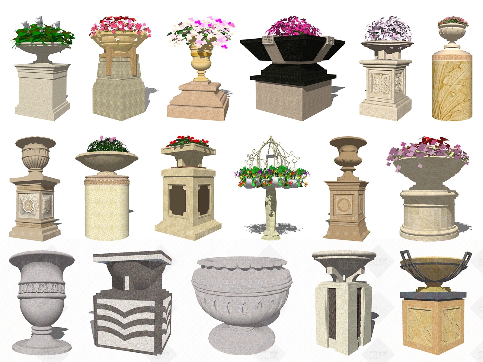 欧式花坛花钵SU模型下载【ID:993439751】
