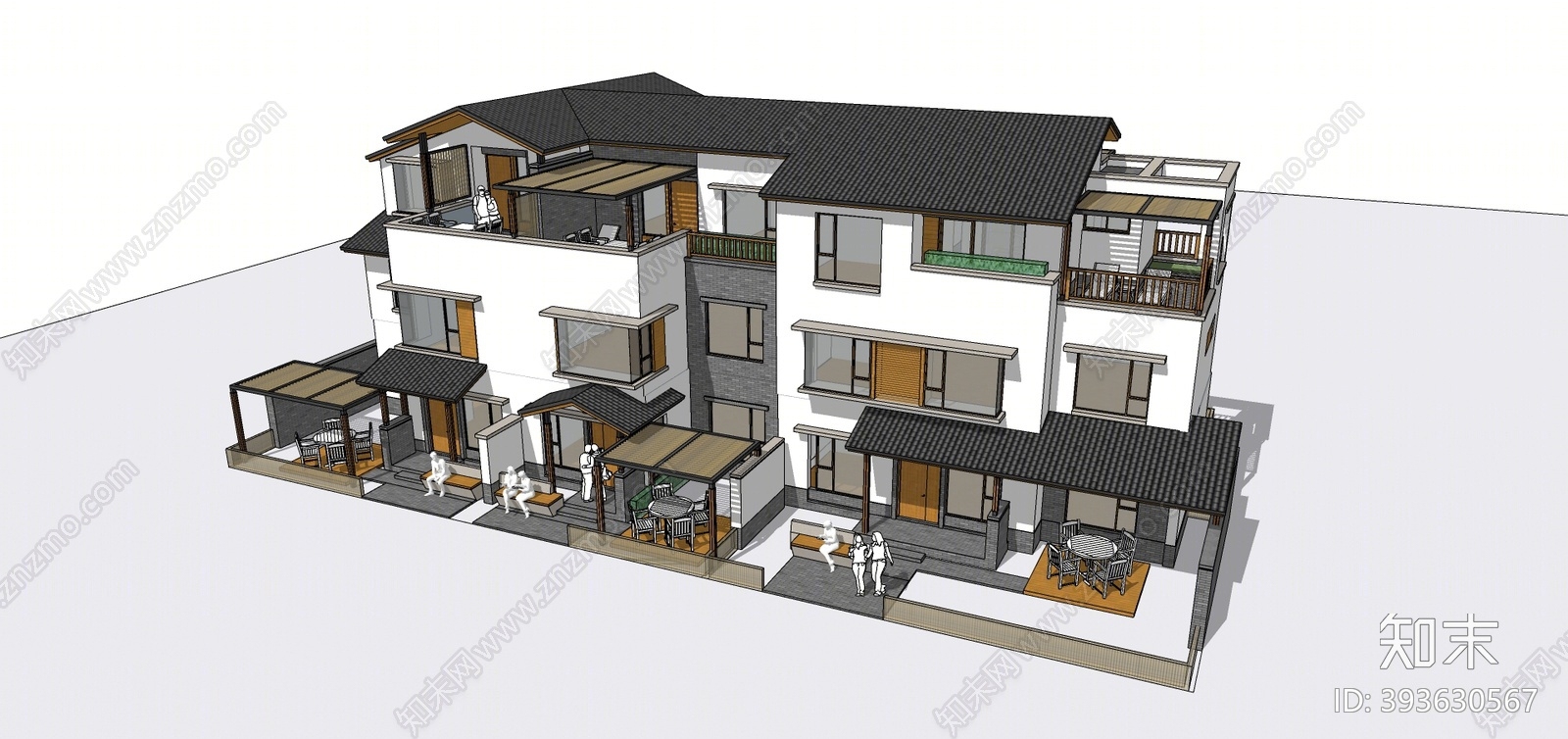 新中式酒店民宿农村住宅SU模型下载【ID:393630567】