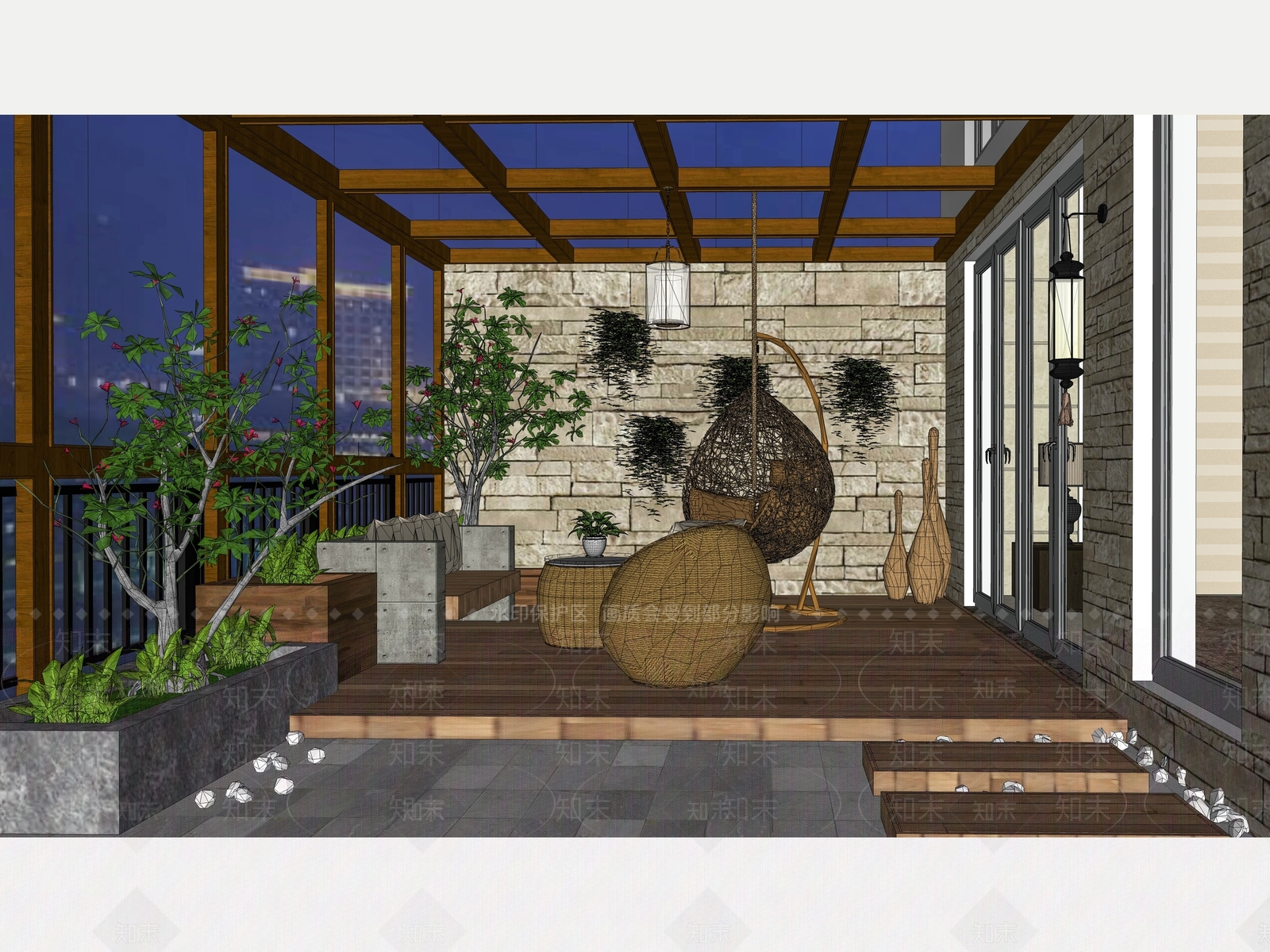 新中式花园阳台SU模型下载【ID:893746438】