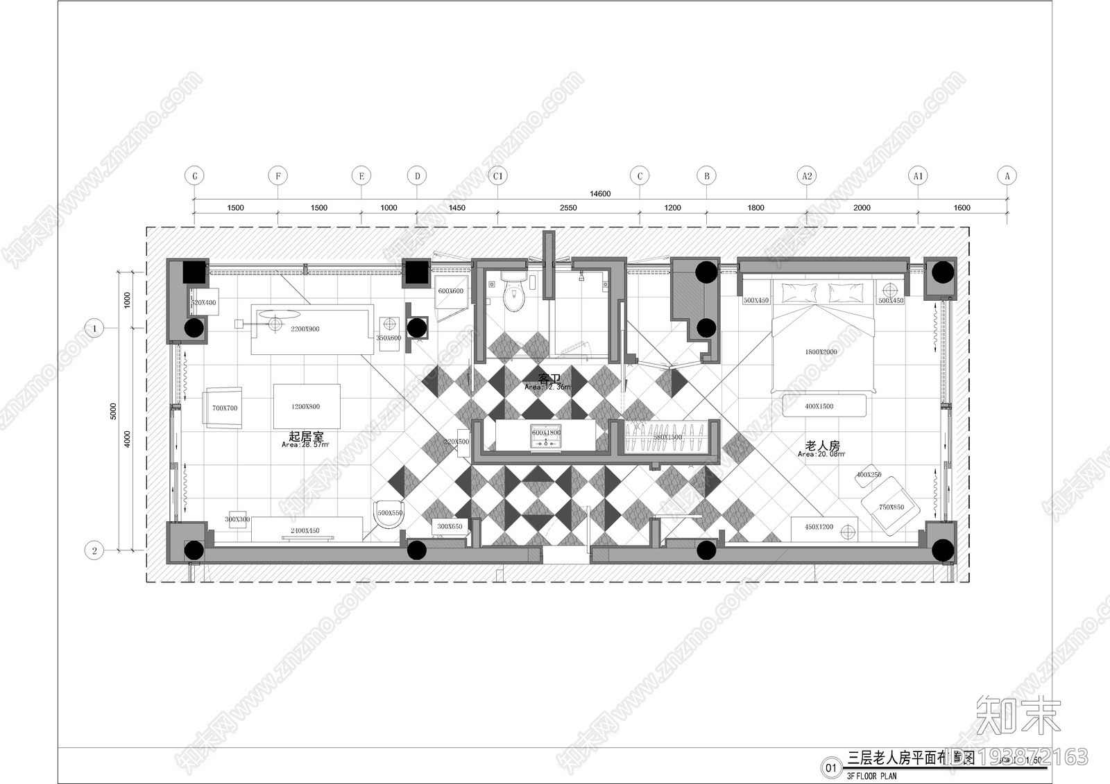 老人房平面cad施工图下载【ID:193872163】