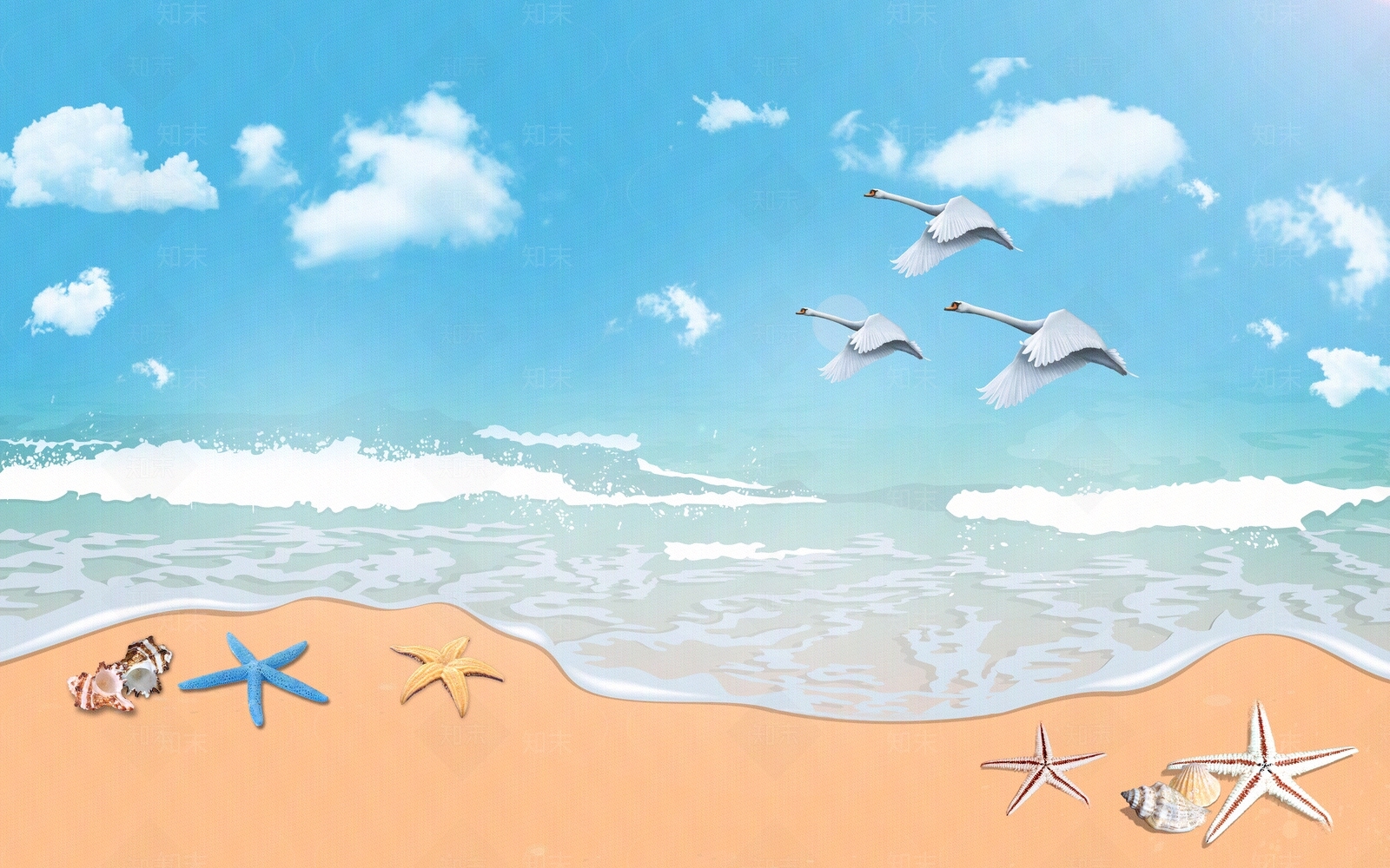 海洋蓝天白云仙鹤电视背景墙贴图下载【ID:994050203】