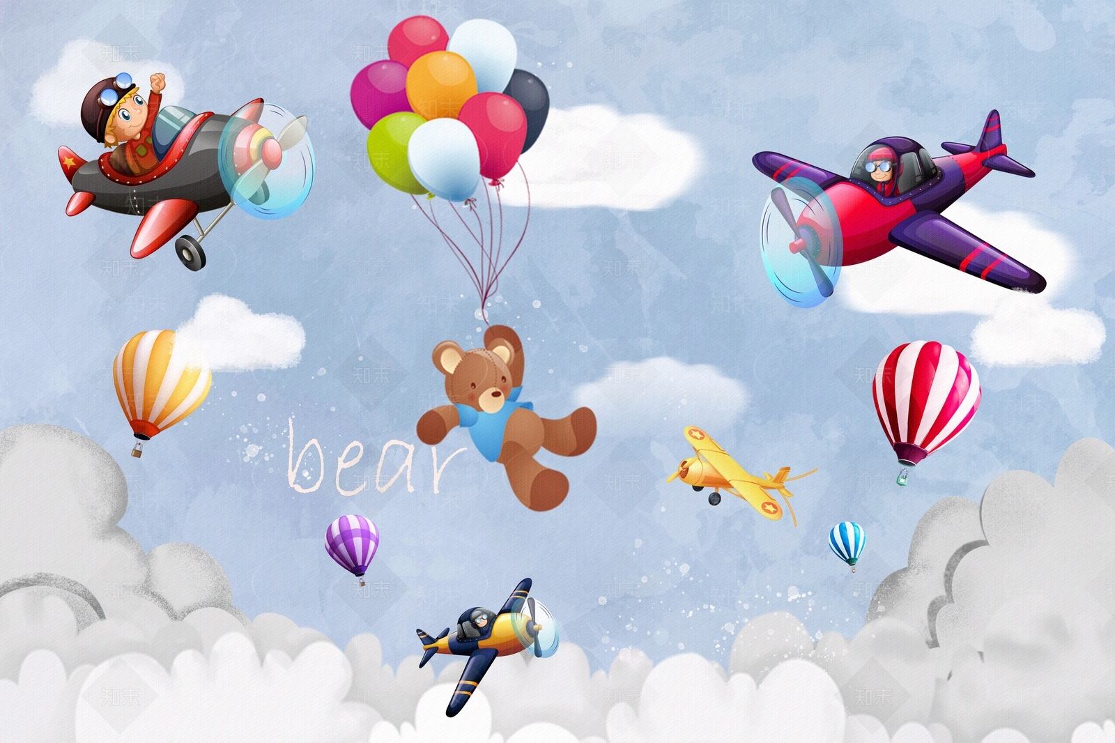 可爱卡通抓气球的小熊儿童房背景贴图下载【ID:994050293】