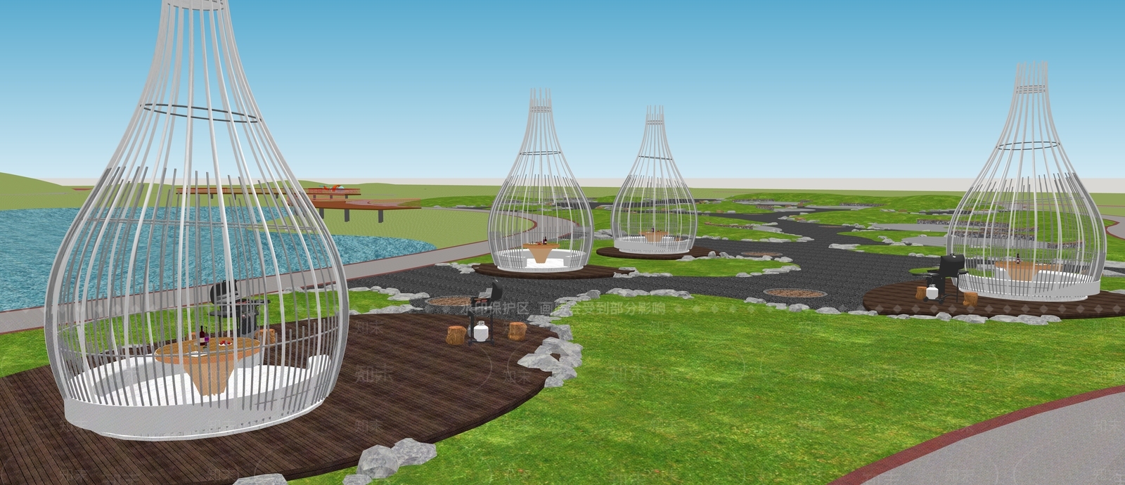 现代户外烧烤区鸟笼卡座烧烤架SU模型下载【ID:594214707】