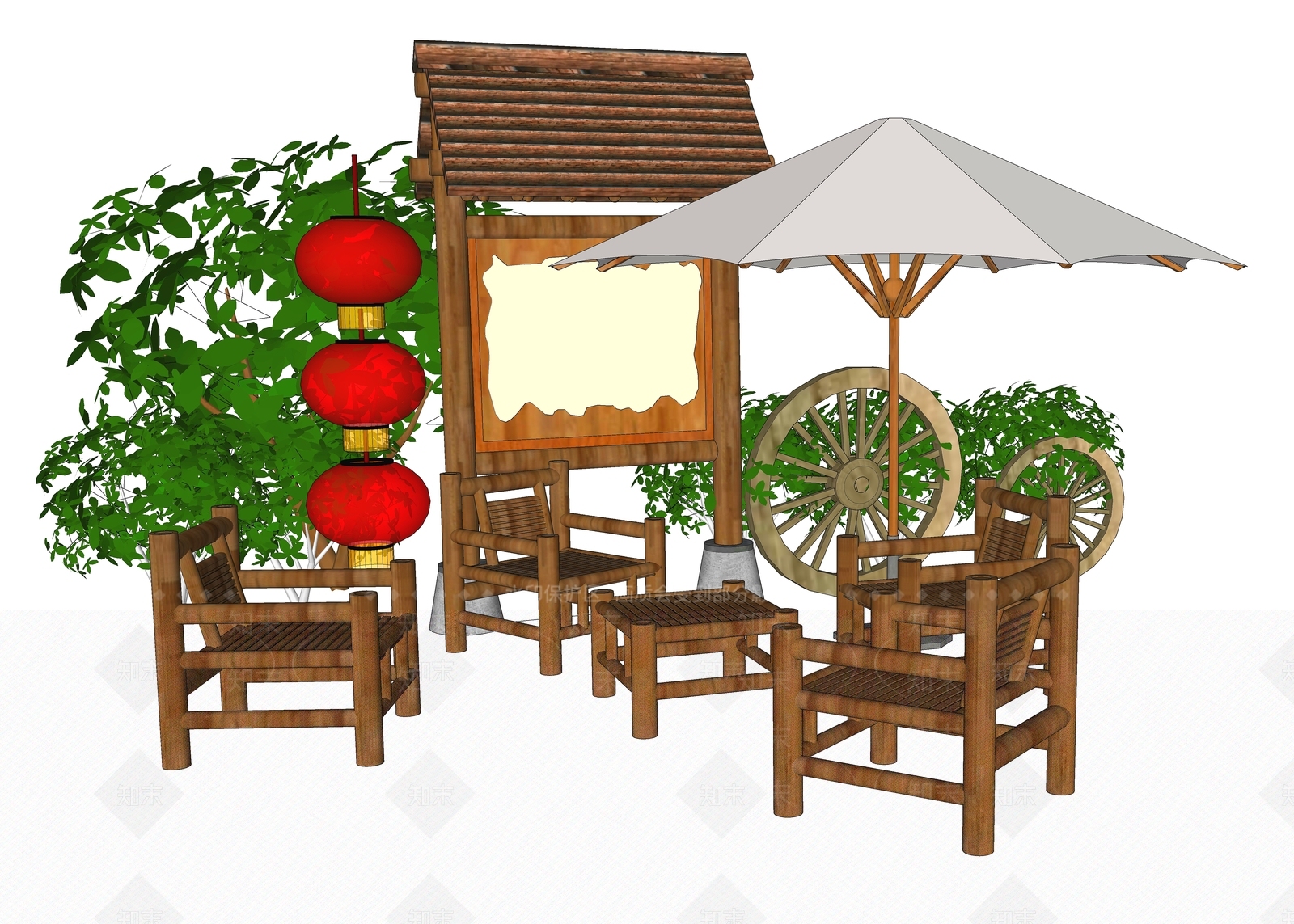 中式户外椅SU模型下载【ID:894338625】