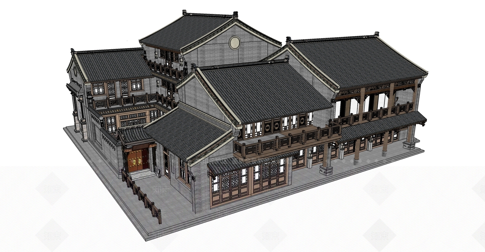 中式风格建筑SU模型下载【ID:394678233】