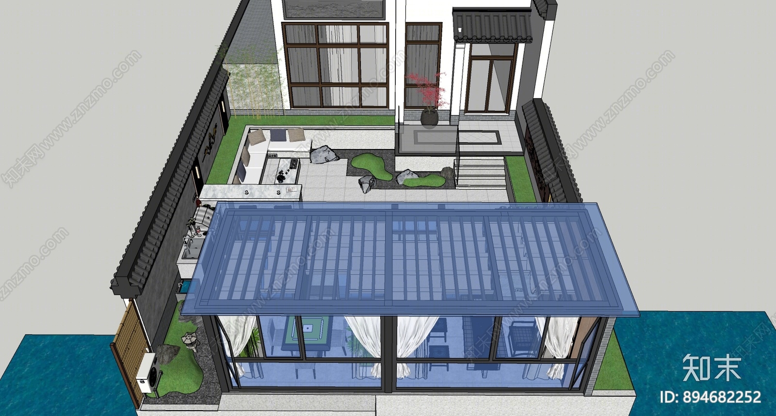新中式庭院花园SU模型下载【ID:894682252】